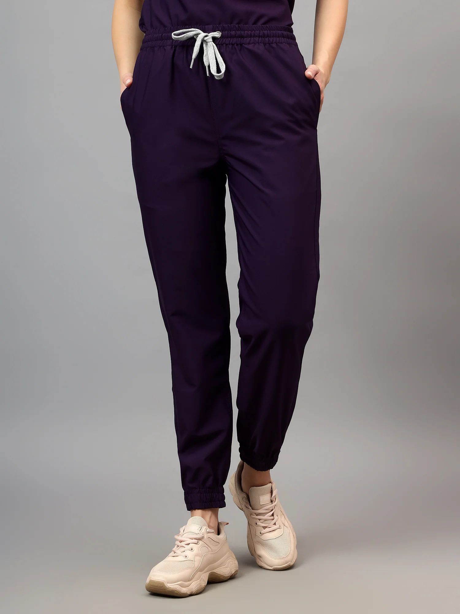 Stretchable (4Way) Female Violet Mandarin Neck With Jogger Scrub Set - Image 6