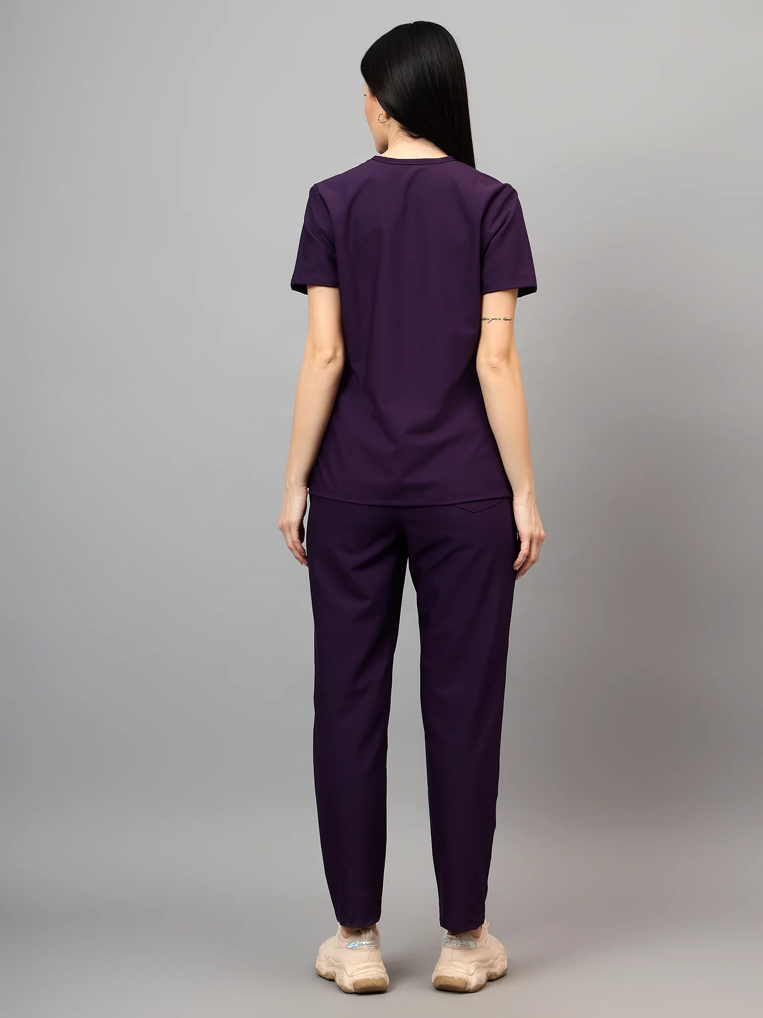 Stretchable (4Way) Women Violet V-Neck With Straight Pant Scrub Set - Image 4