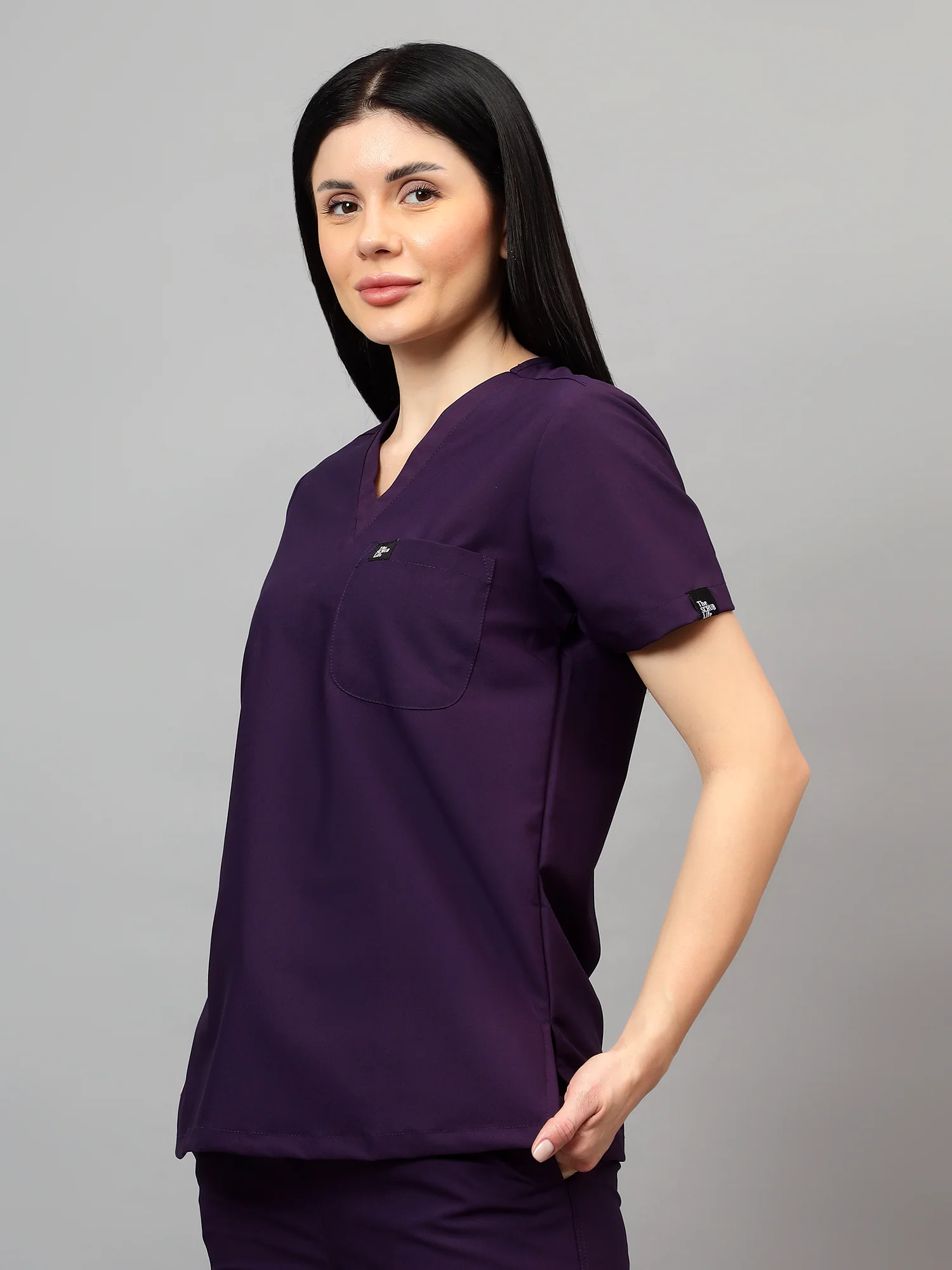 Stretchable (4Way) Women Violet V-Neck With Straight Pant Scrub Set - Image 5