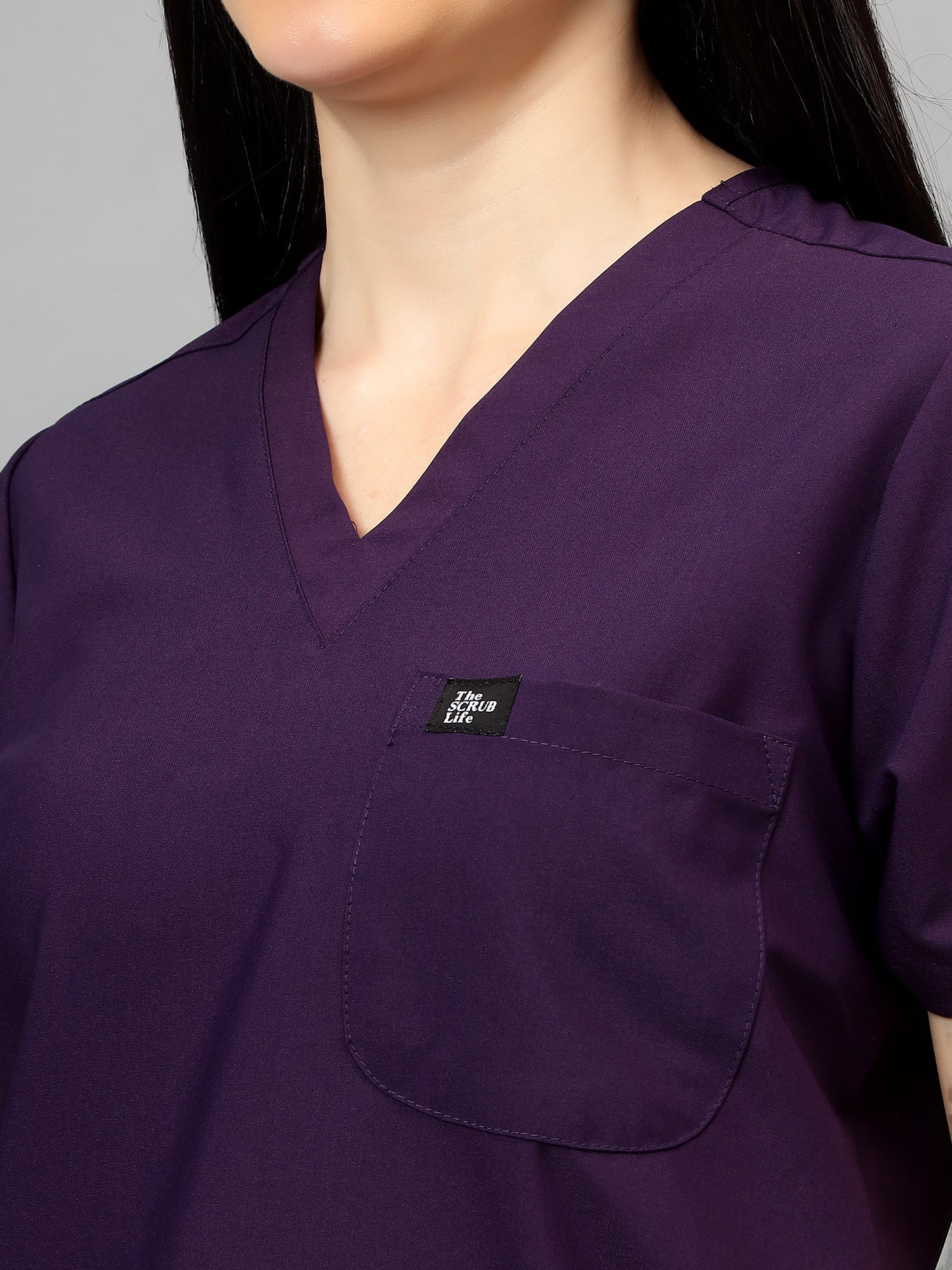 Stretchable (4Way) Women Violet V-Neck With Straight Pant Scrub Set - Image 6