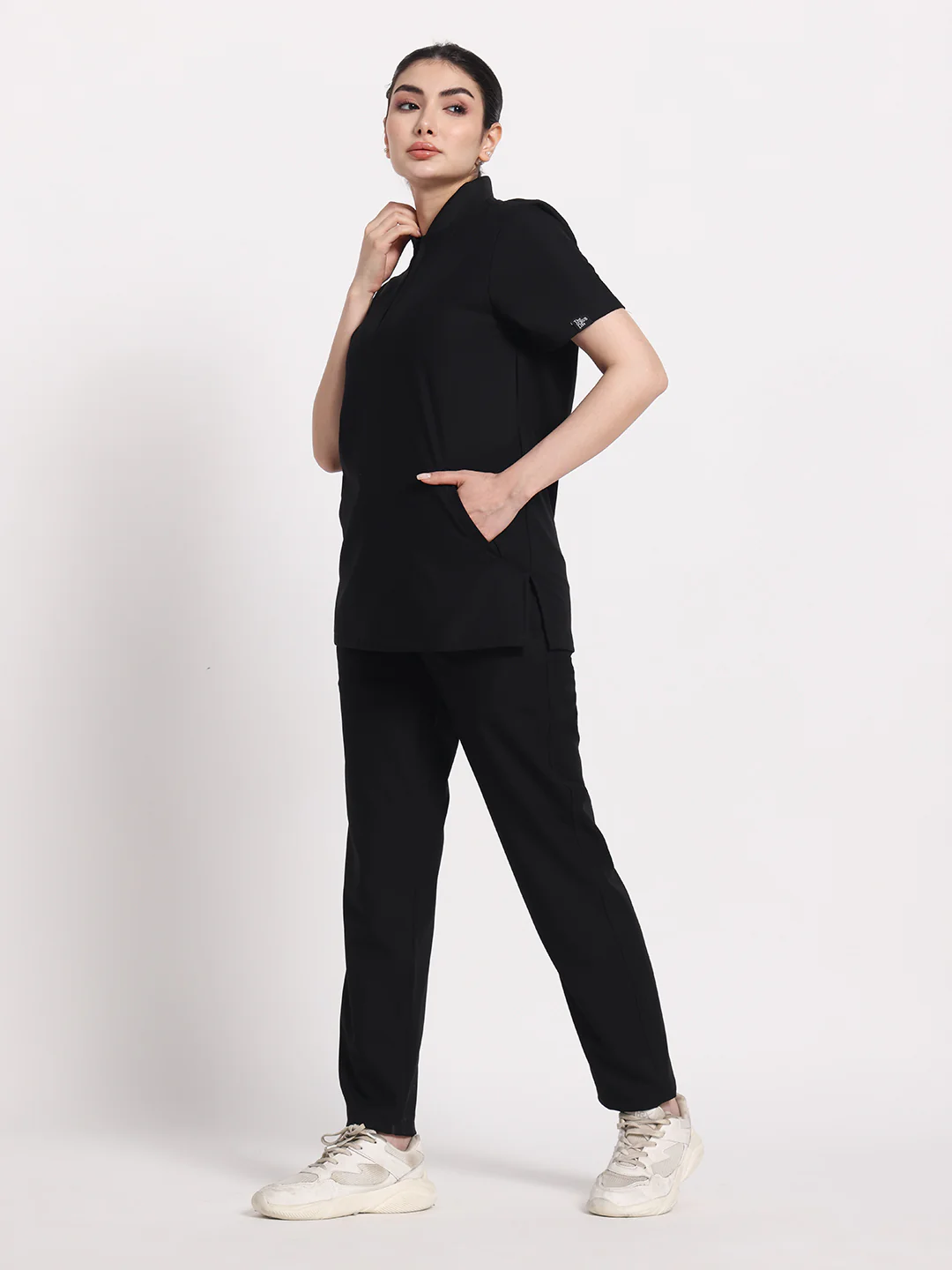 Stretchable (4Way) Black Women Flex Zip Neckline Top With Straight Pants - Image 4