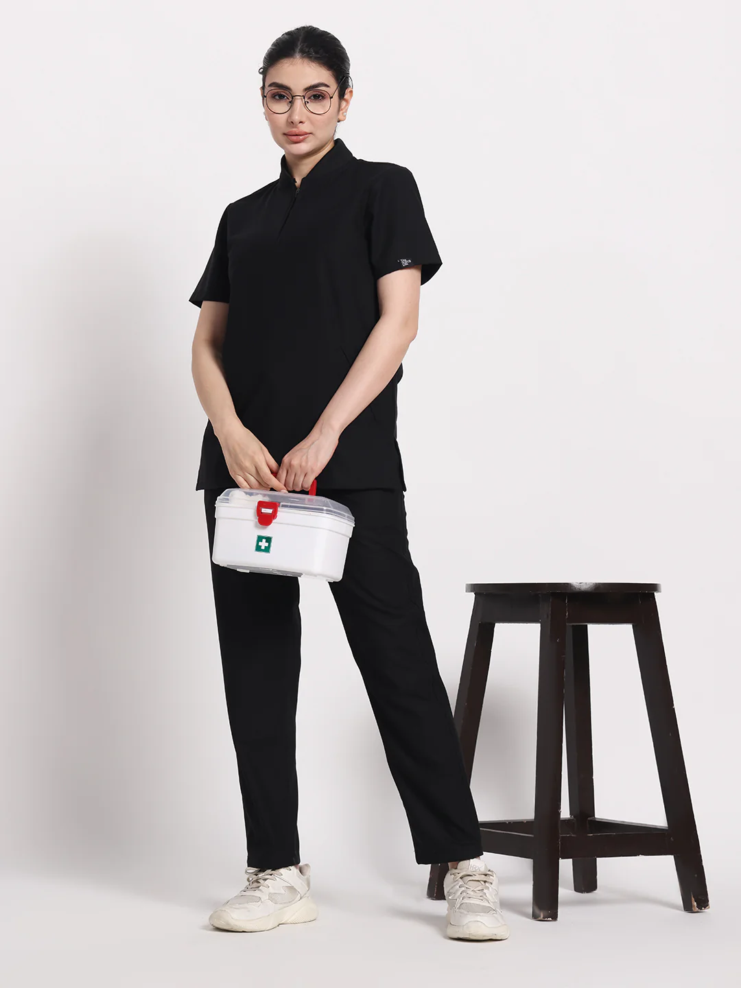Stretchable (4Way) Black Women Flex Zip Neckline Top With Straight Pants - Image 7