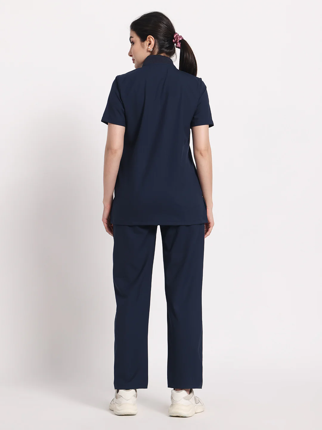 Stretchable (4Way) Navy Blue Women Flex Zip Neckline Top With Straight Pants - Image 3