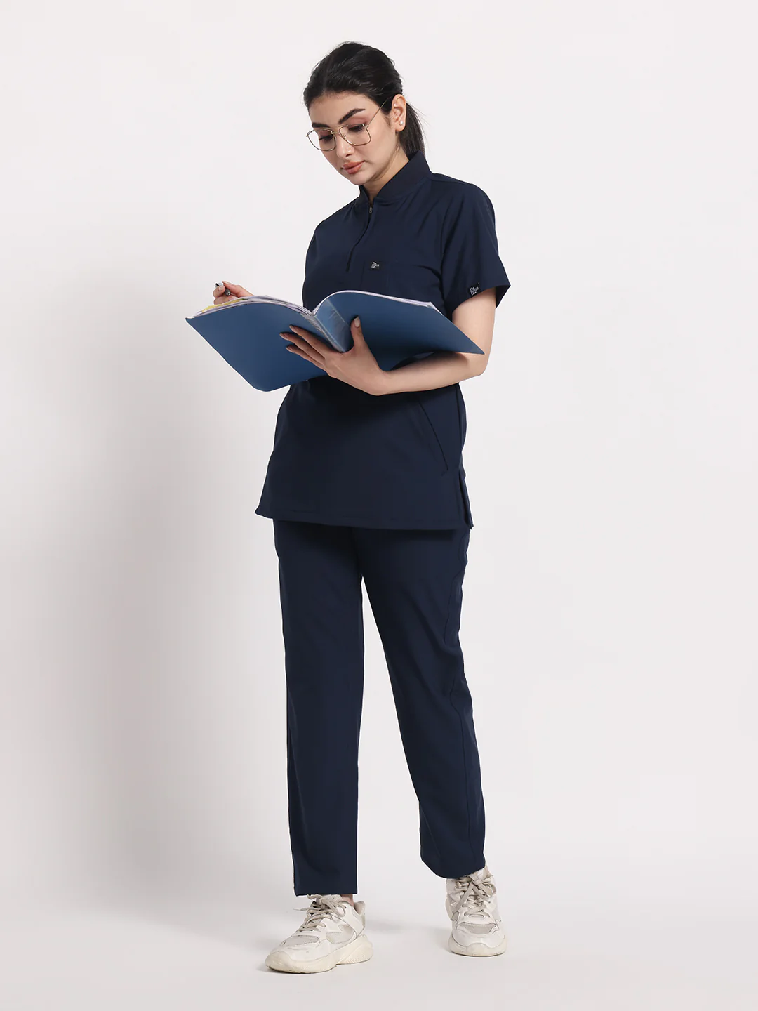 Stretchable (4Way) Navy Blue Women Flex Zip Neckline Top With Straight Pants - Image 5