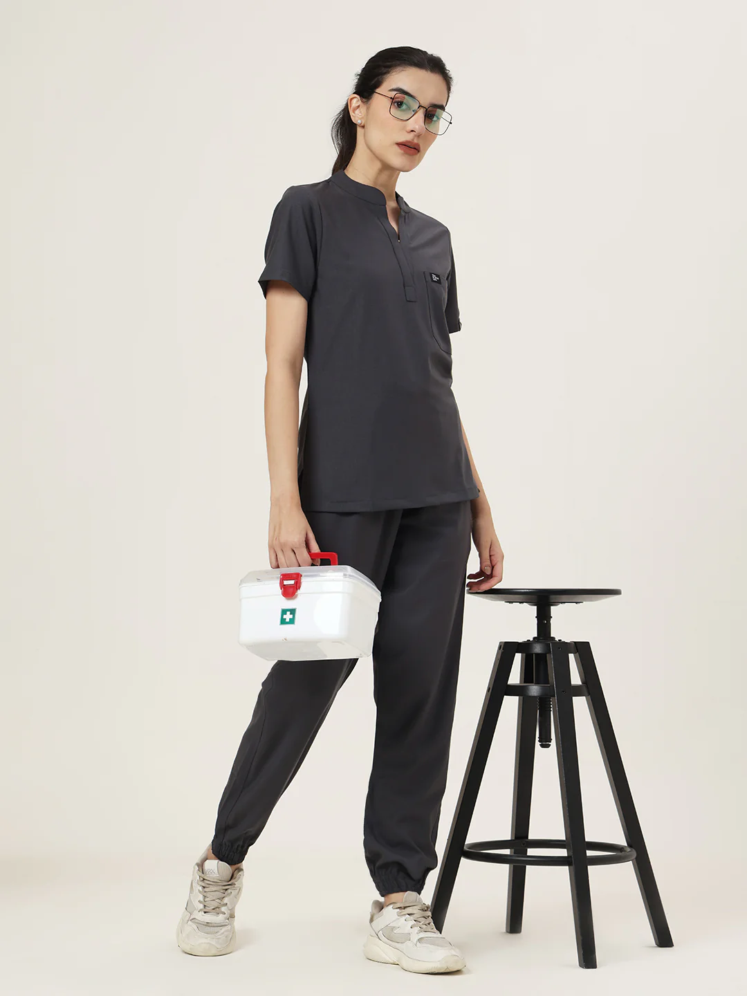 Stretchable (4Way) Women Charcoal Grey Mandarin Neck With Jogger Scrub Set
