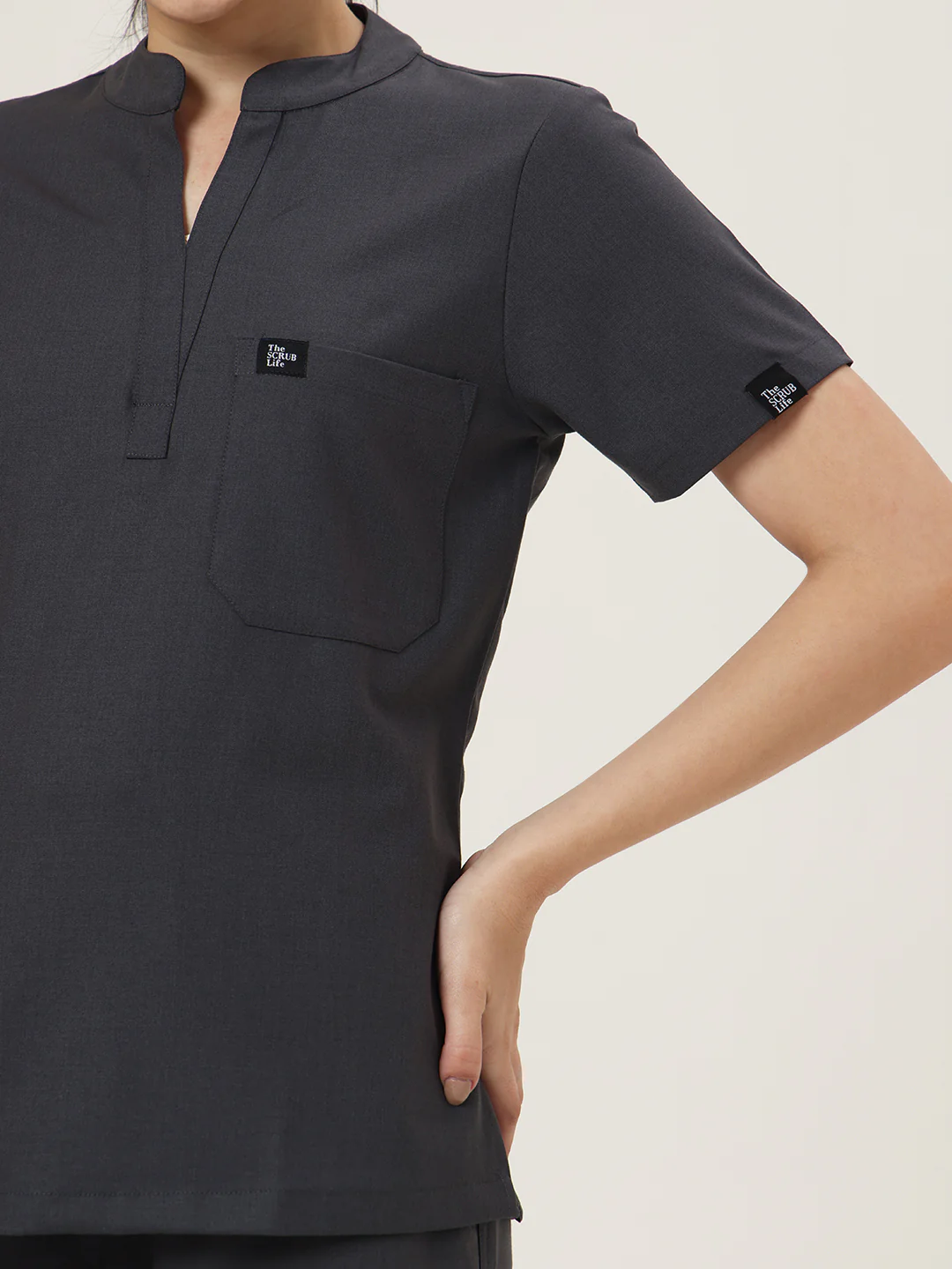 Stretchable (4Way) Women Charcoal Grey Mandarin Neck With Jogger Scrub Set - Image 2