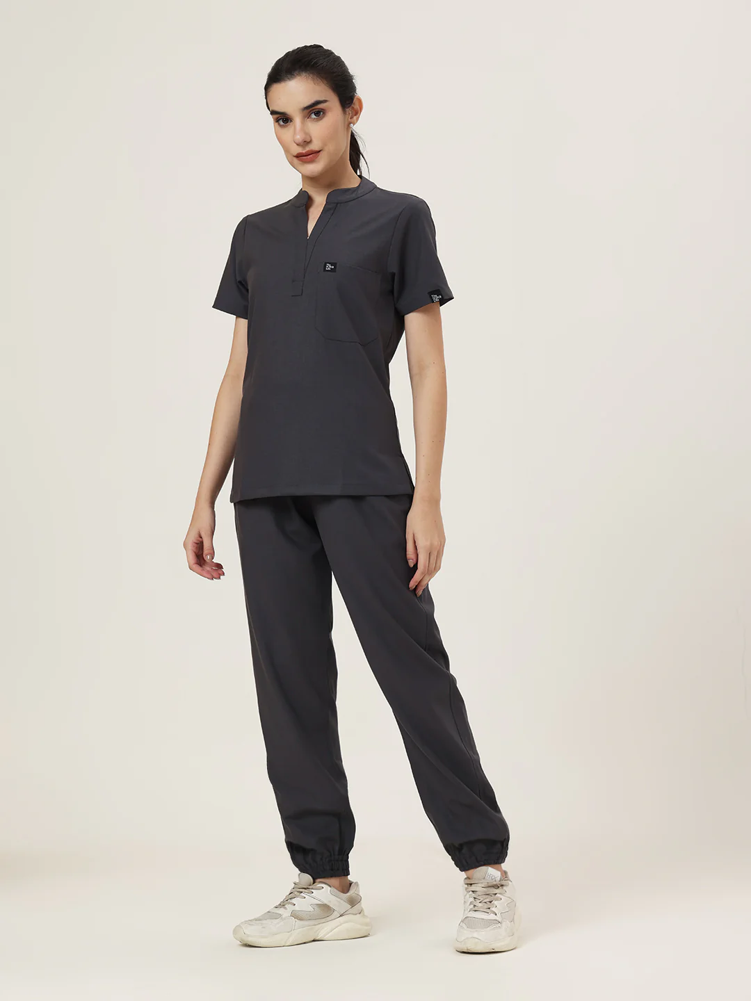 Stretchable (4Way) Women Charcoal Grey Mandarin Neck With Jogger Scrub Set - Image 3