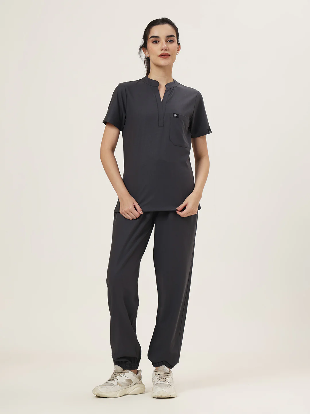Stretchable (4Way) Women Charcoal Grey Mandarin Neck With Jogger Scrub Set - Image 4