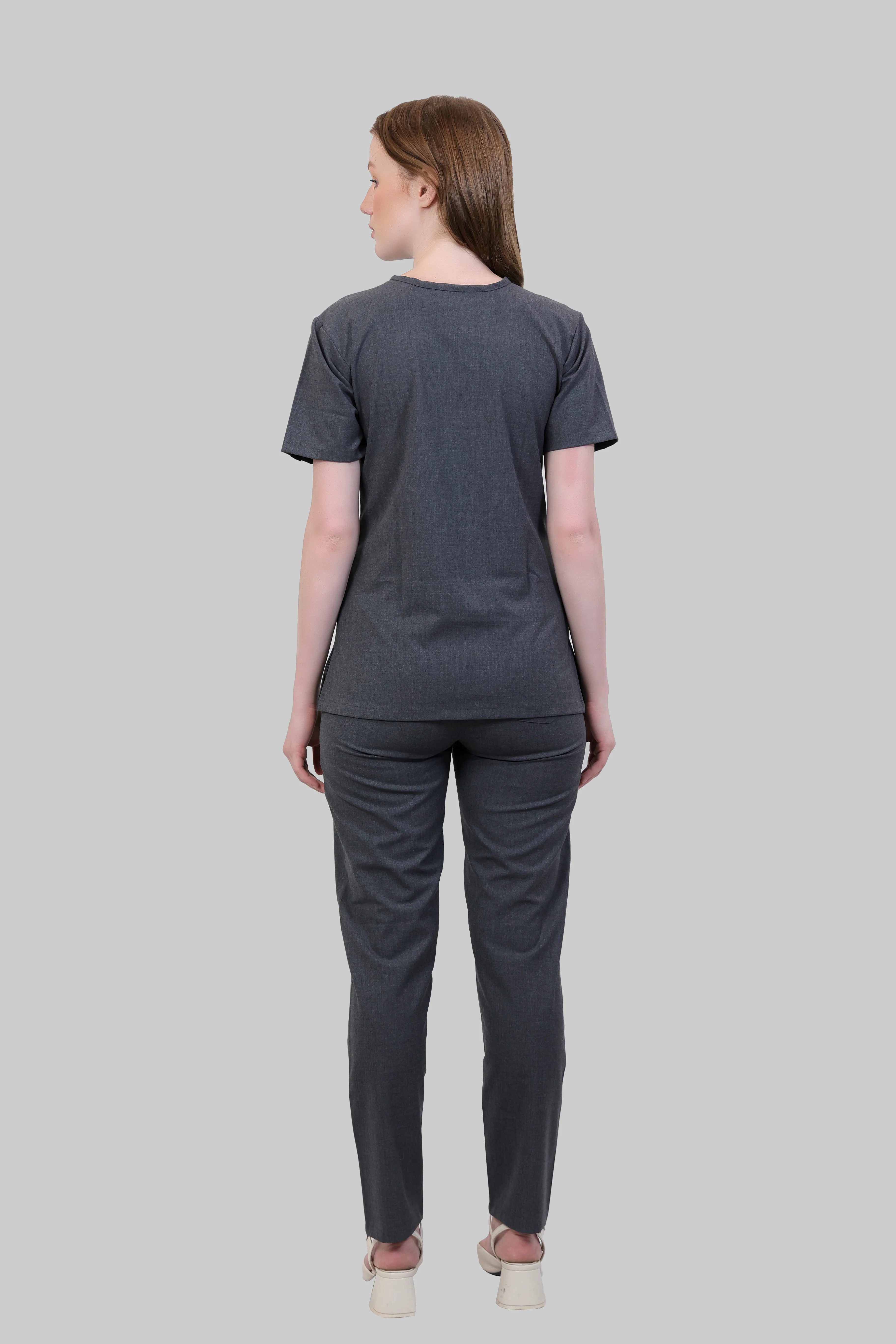 Stretchable (4Way) Women Charcoal Grey V Neck With Straight Pant Scrub Set - Image 2