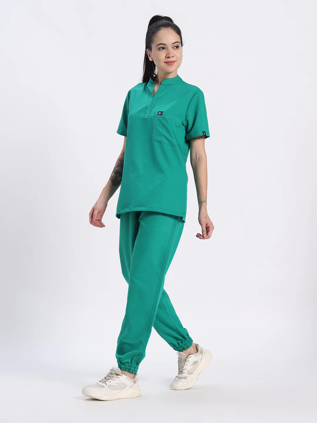 Stretchable (4Way) Women Sea Green Mandarin Neck With Jogger Scrub Set - Image 2