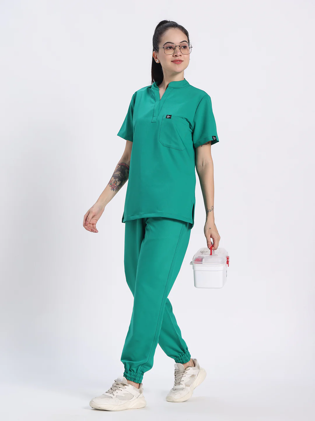 Stretchable (4Way) Women Sea Green Mandarin Neck With Jogger Scrub Set - Image 4