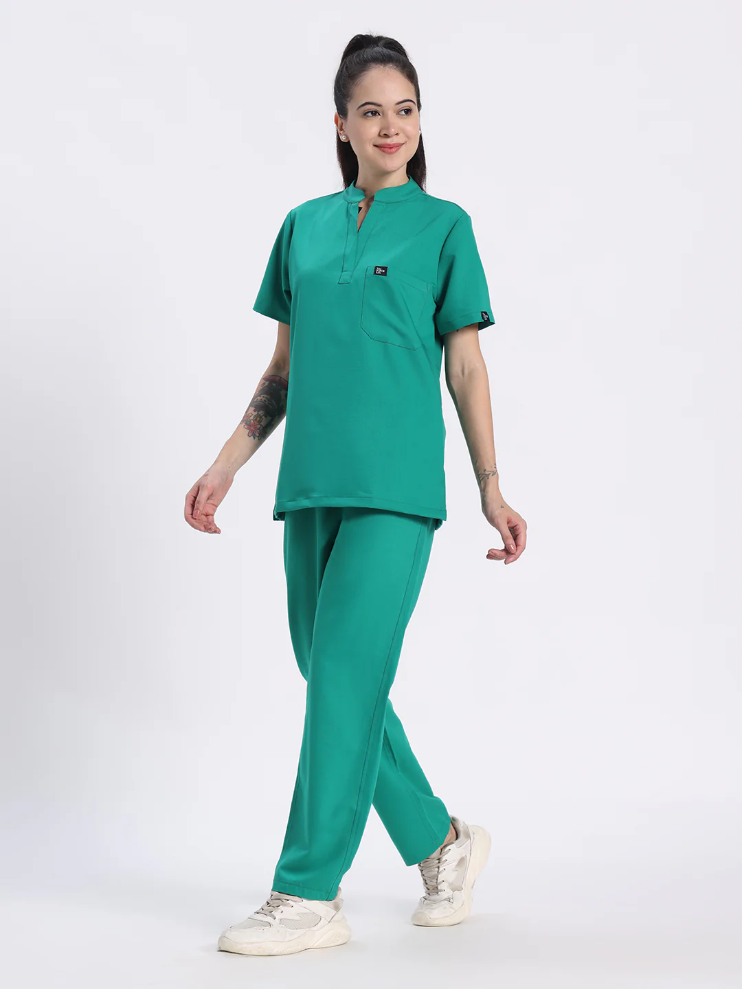 Stretchable (4Way) Women Sea Green Mandarin Neck With Straight Pant Set - Image 3