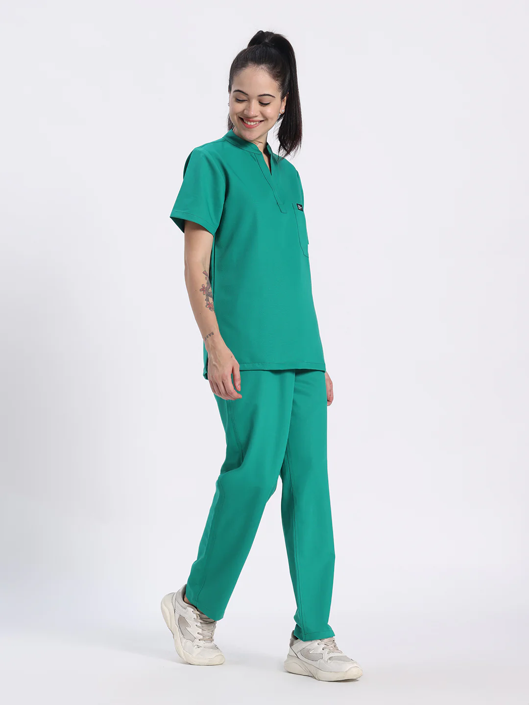 Stretchable (4Way) Women Sea Green Mandarin Neck With Straight Pant Set - Image 4