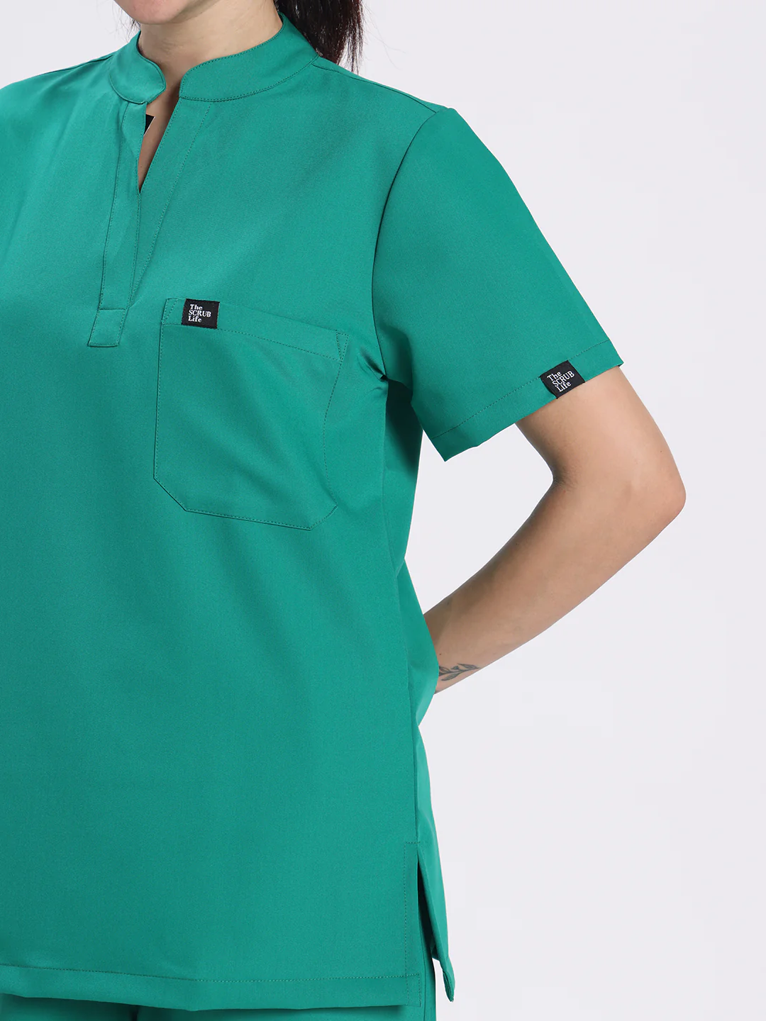 Stretchable (4Way) Women Sea Green Mandarin Neck With Straight Pant Set - Image 5
