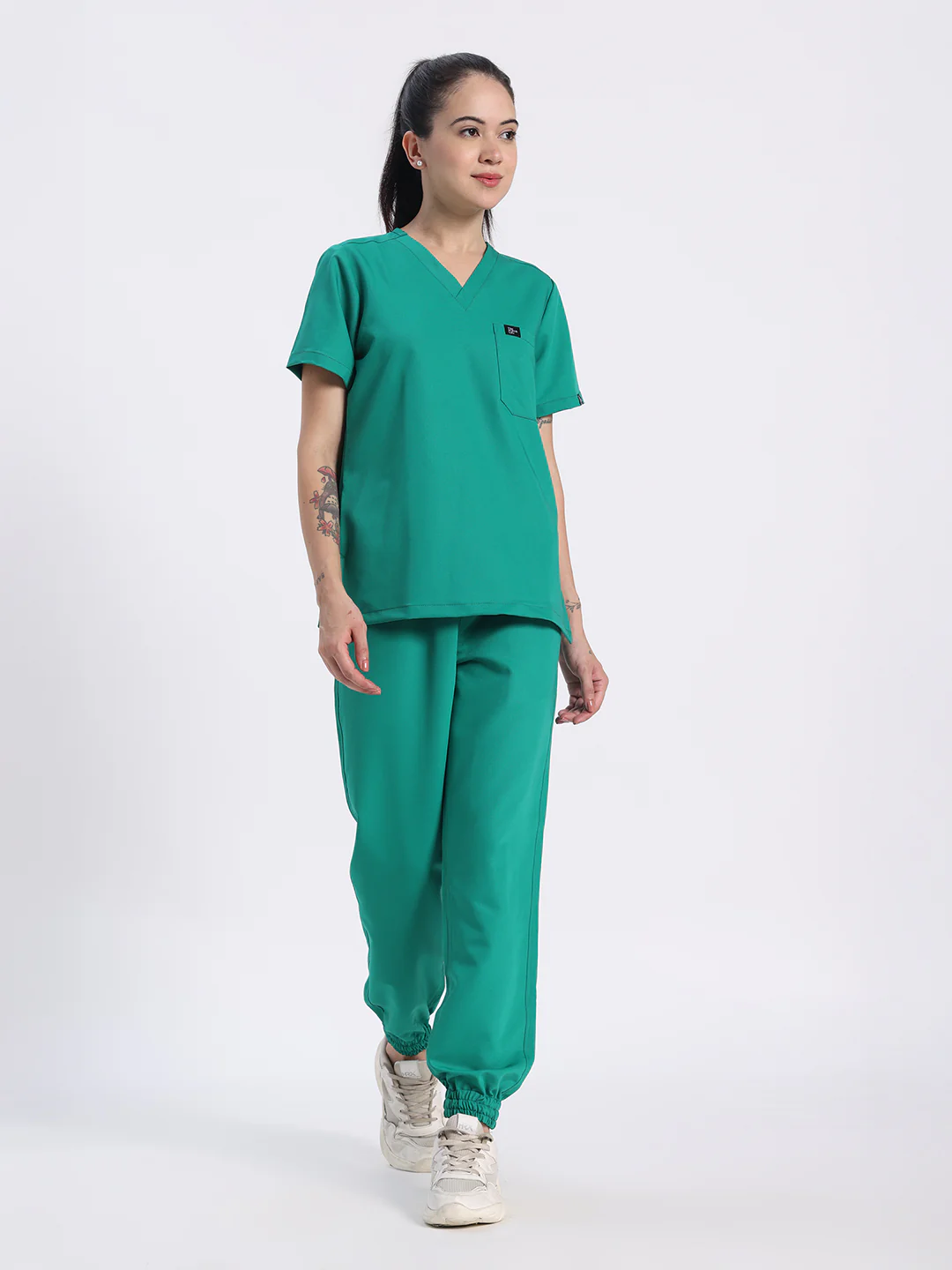 Stretchable (4Way) Women Sea Green V-Neck With Jogger Scrub Set