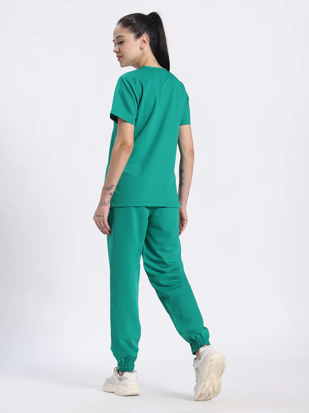 Stretchable (4Way) Women Sea Green V-Neck With Jogger Scrub Set - Image 2