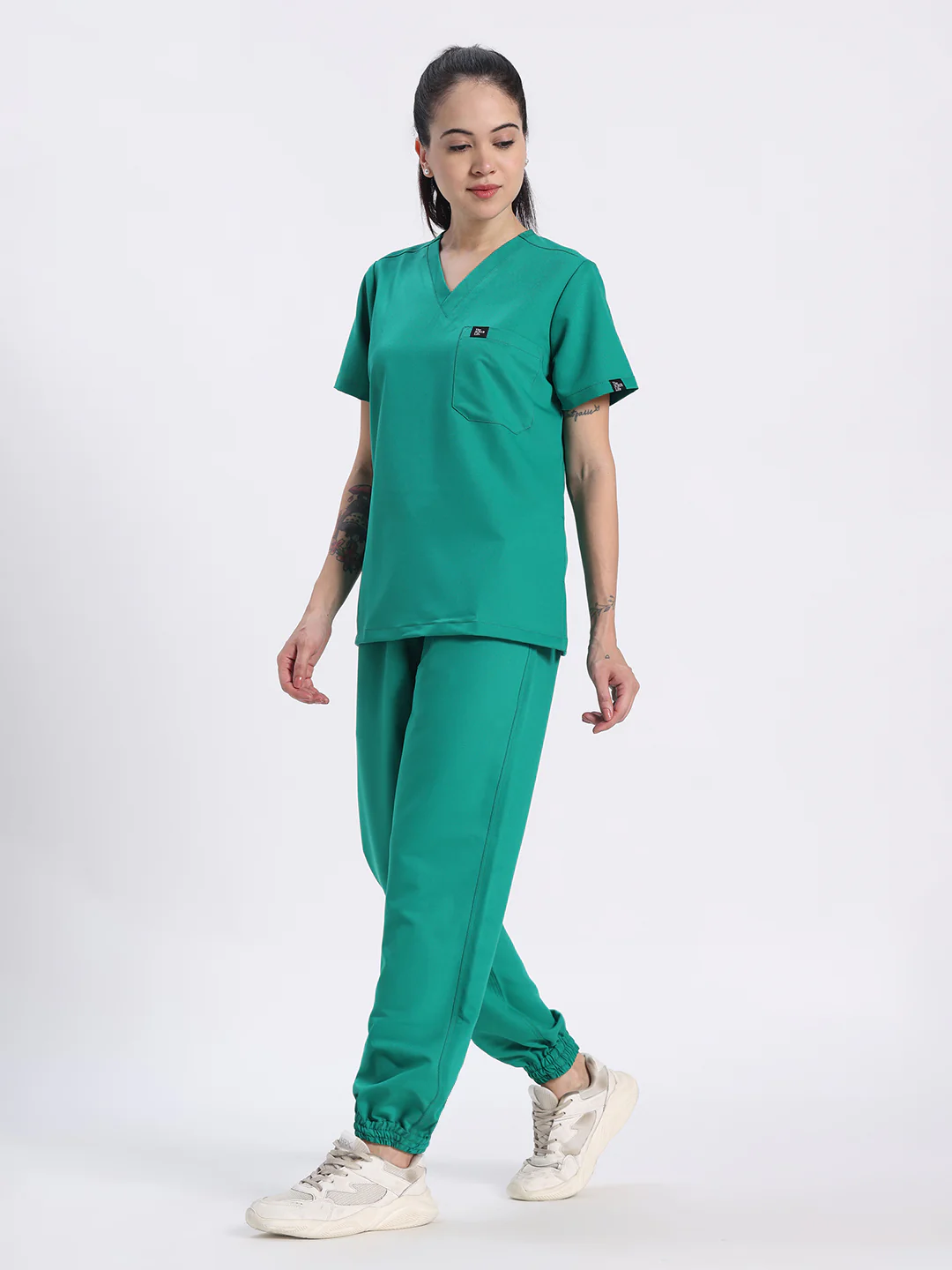 Stretchable (4Way) Women Sea Green V-Neck With Jogger Scrub Set - Image 3