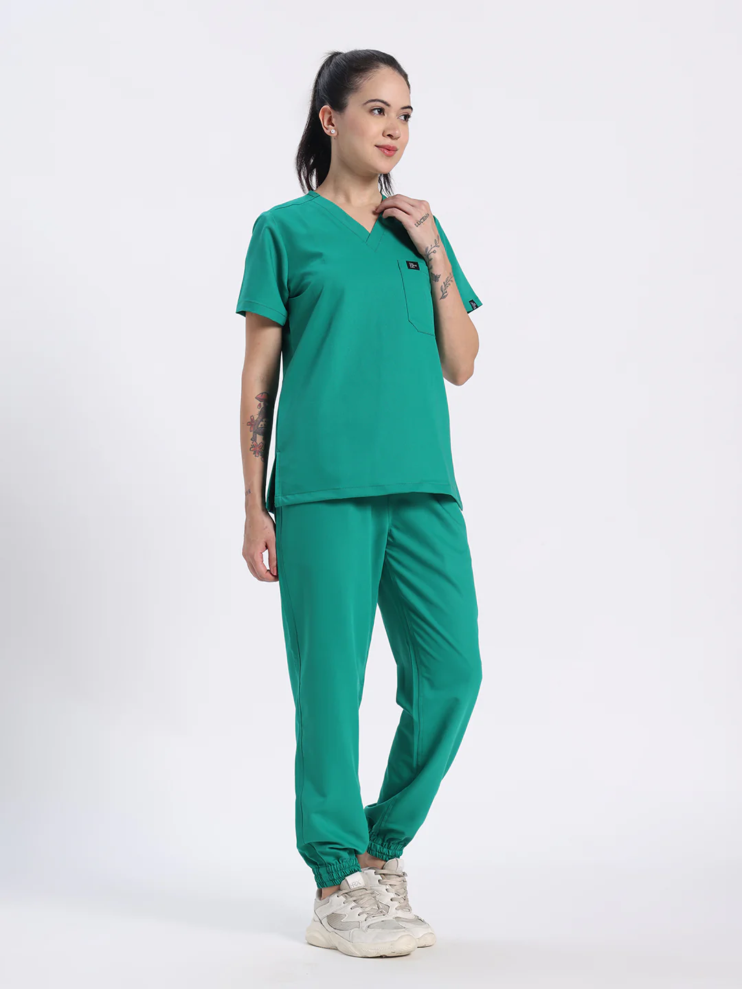 Stretchable (4Way) Women Sea Green V-Neck With Jogger Scrub Set - Image 4
