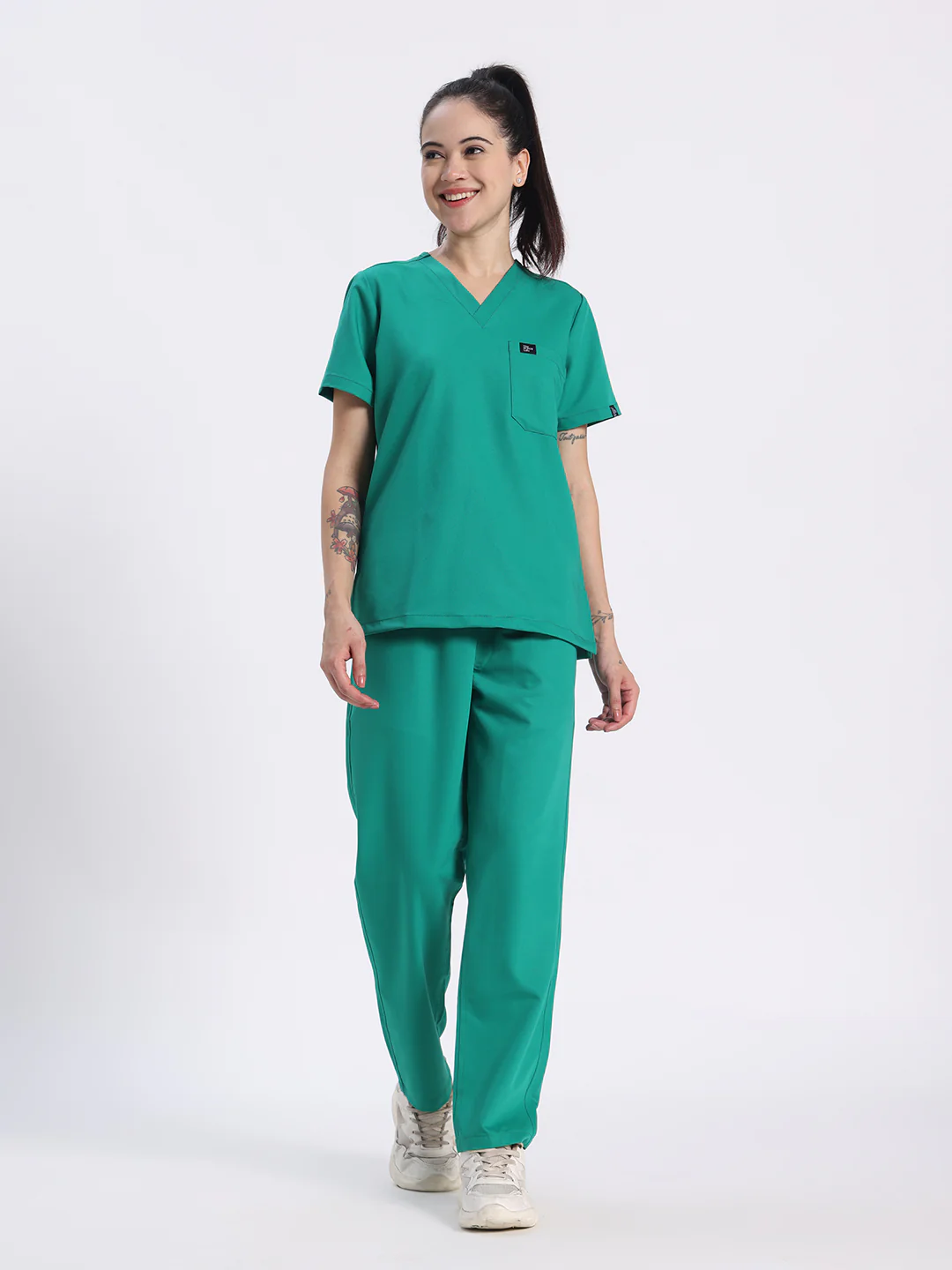 Stretchable (4Way) Women Sea Green V-Neck With Straight Pant Scrub Set - Image 2