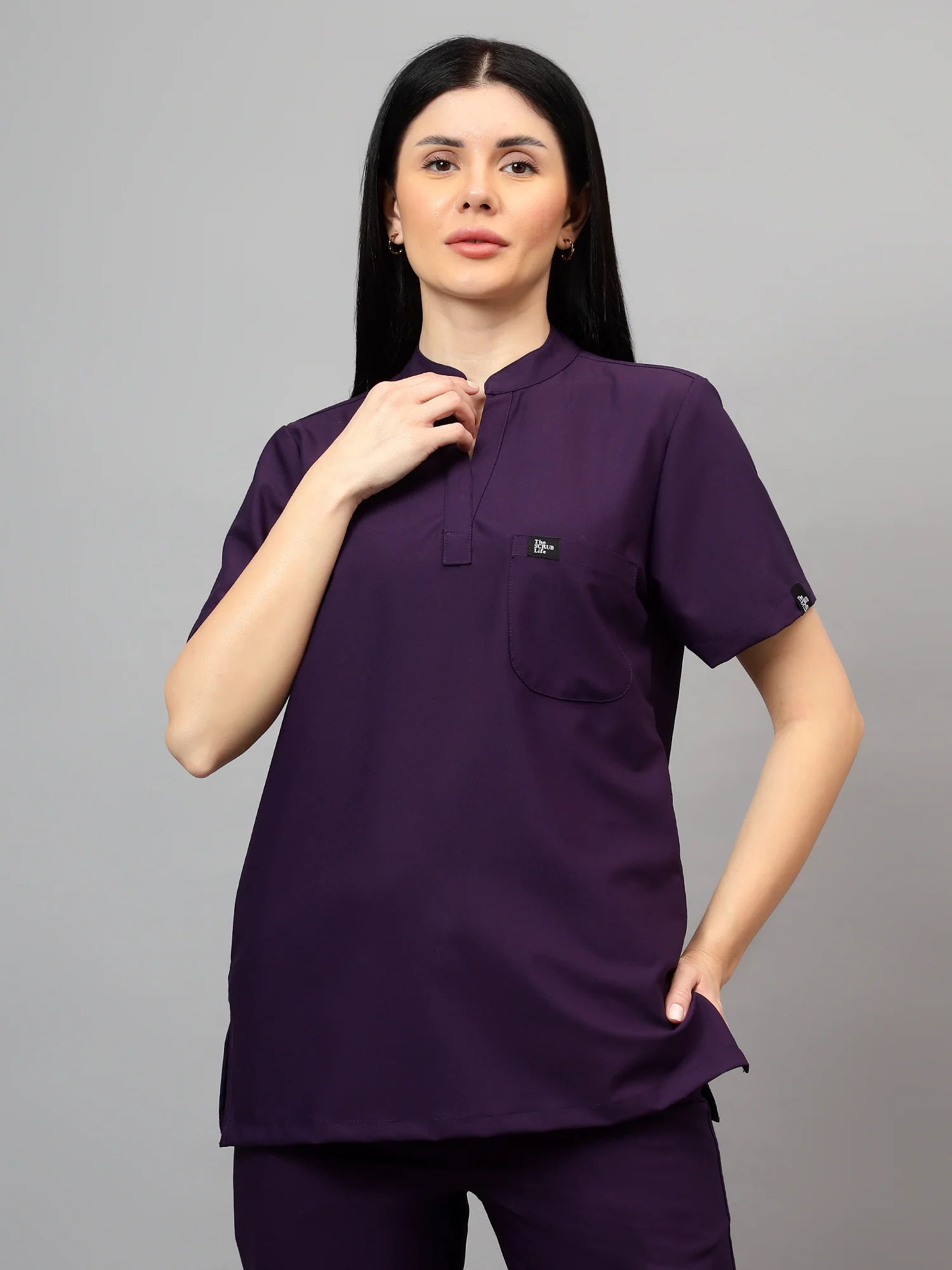 Stretchable (4Way) Female Violet Mandarin Neck With Straight Pant Set - Image 3