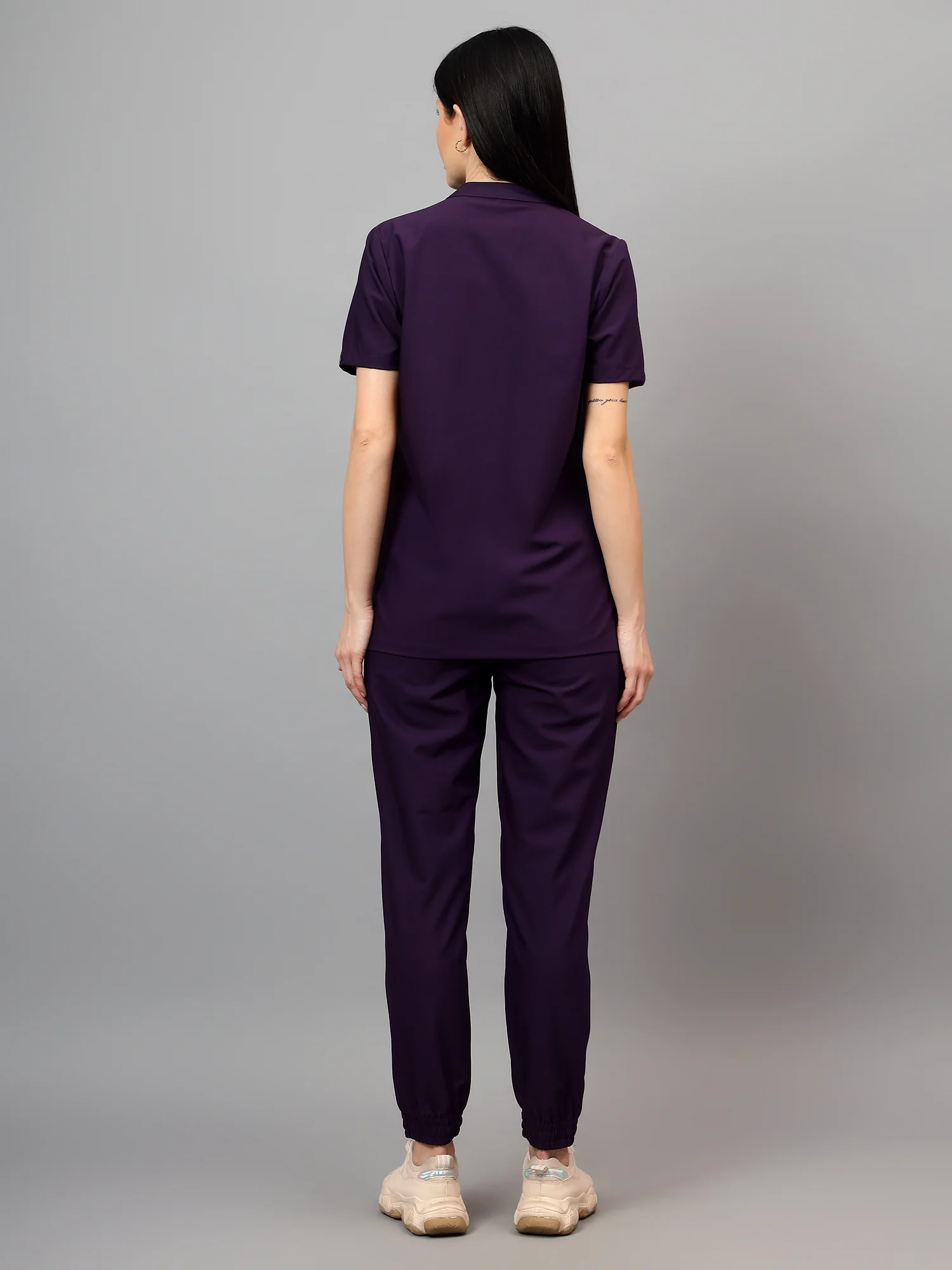 Stretchable (4Way) Female Violet V-Neck With Jogger Scrub Set - Image 4