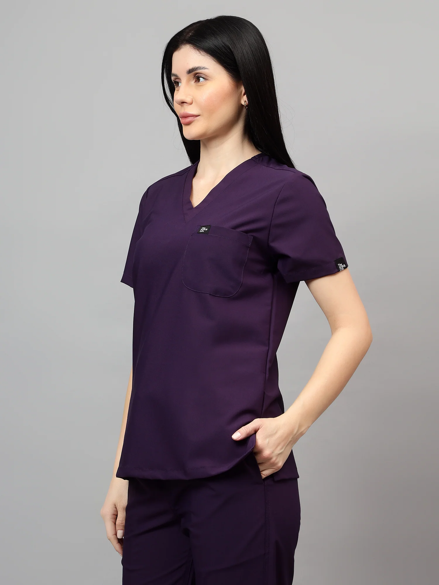 Stretchable (4Way) Female Violet V-Neck With Jogger Scrub Set - Image 5