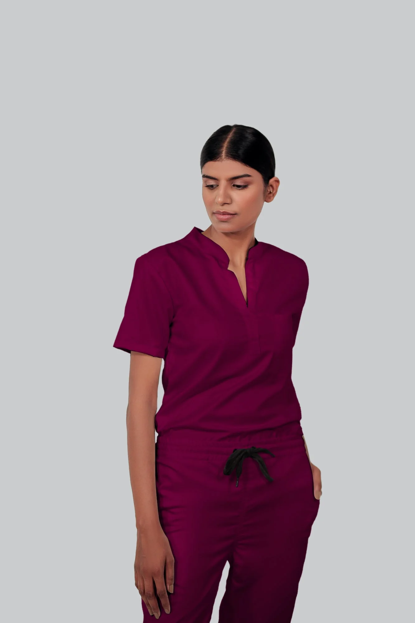 Stretchable (4Way) Women Wine Mandarin Neck With Jogger Scrub Set - Image 5