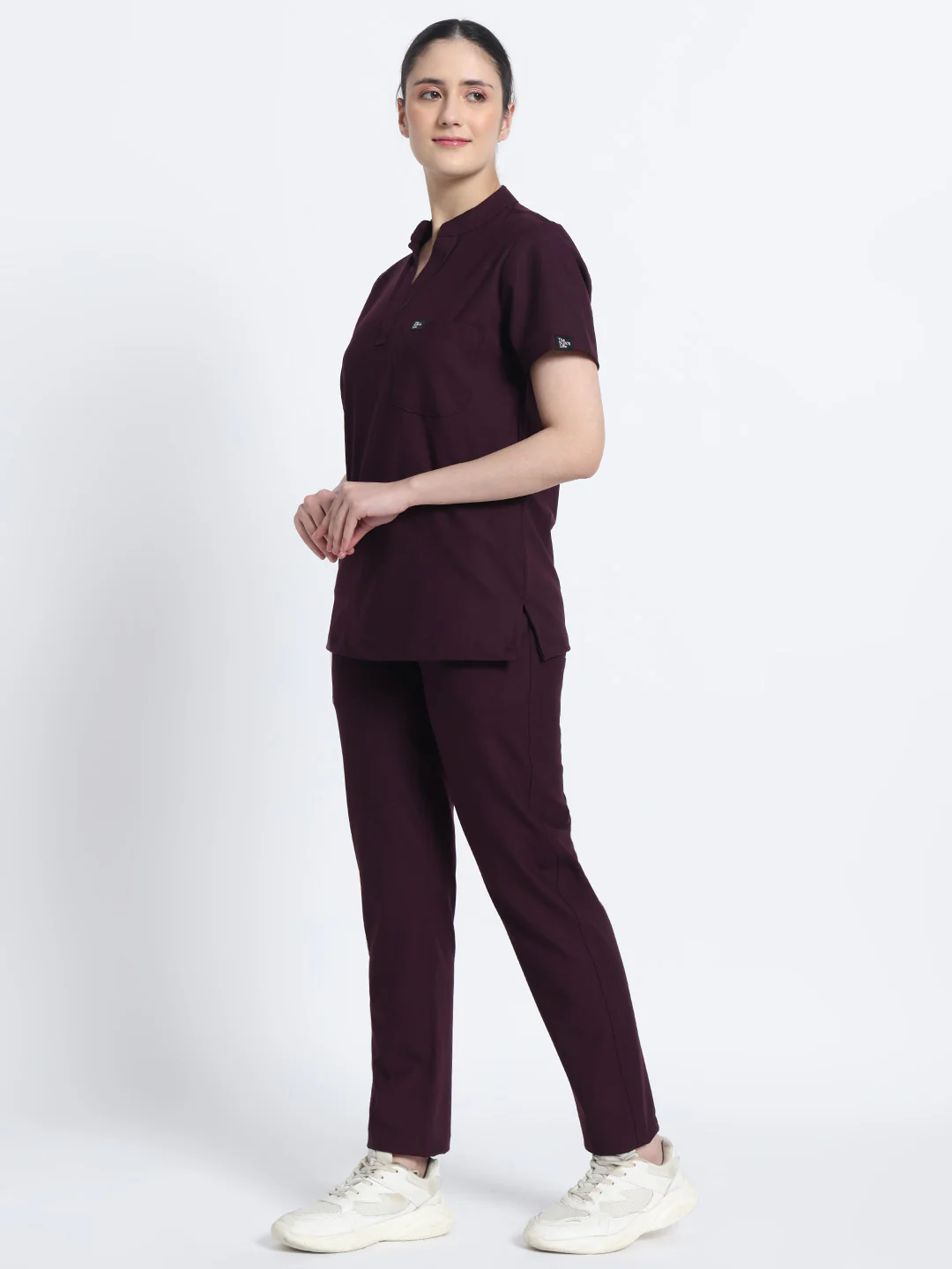 Stretchable (4Way) Women Wine Mandarin Neck With Straight Pant Scrub Set - Image 5