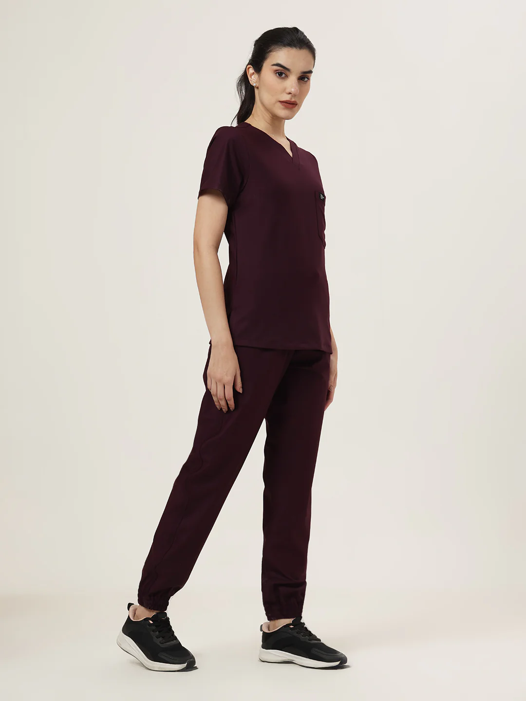 Stretchable (4Way) Women Wine V-Neck With Jogger Scrub Set - Image 5