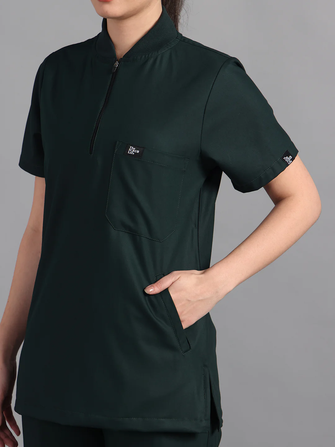 Stretchable (4Way) Midnight Green Women Flex Zip Neckline Top With Straight Pants - Image 2