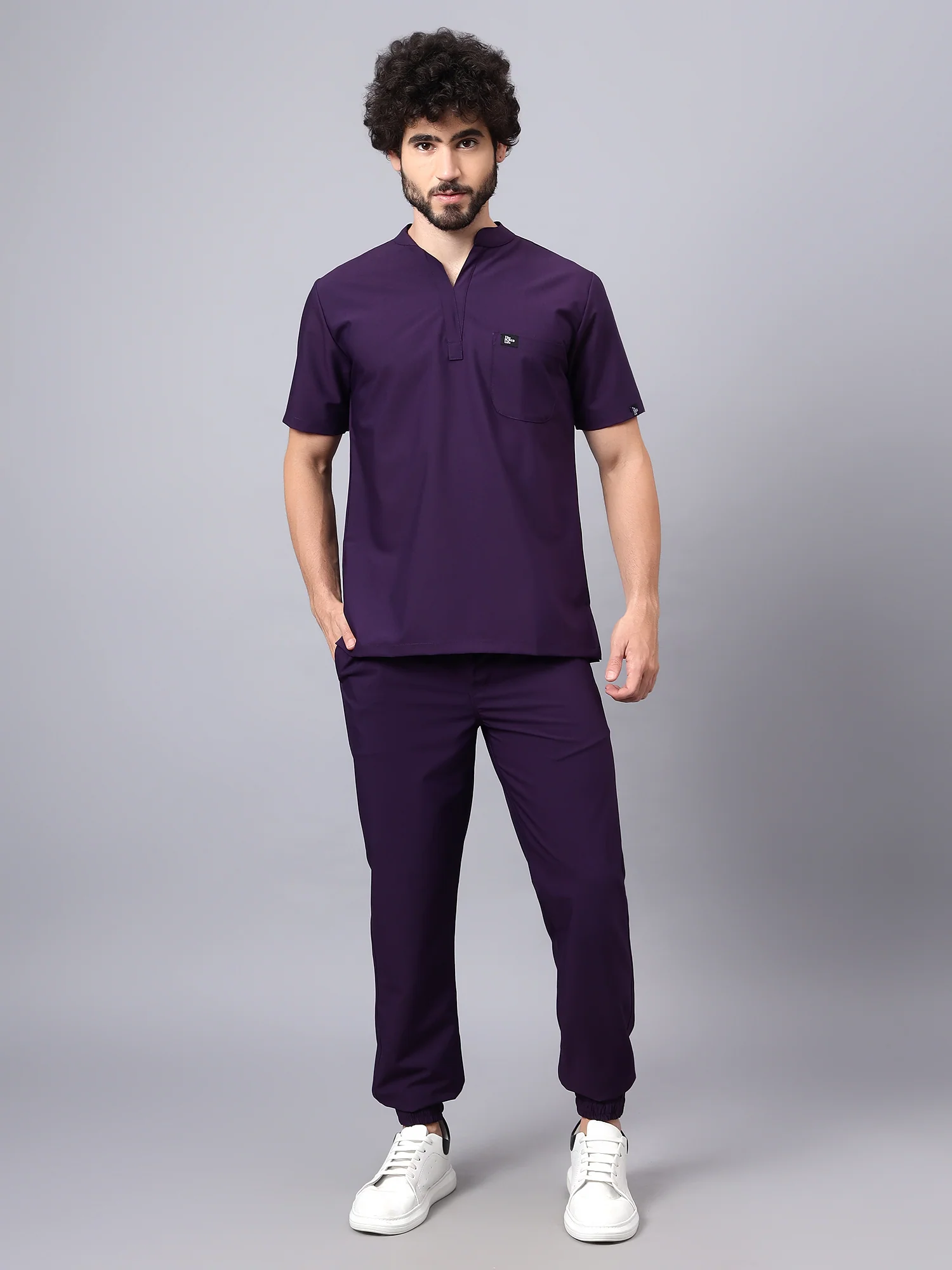 Stretchable (4Way) Men Violet Mandarin Neck with Jogger Scrub Set - Image 7