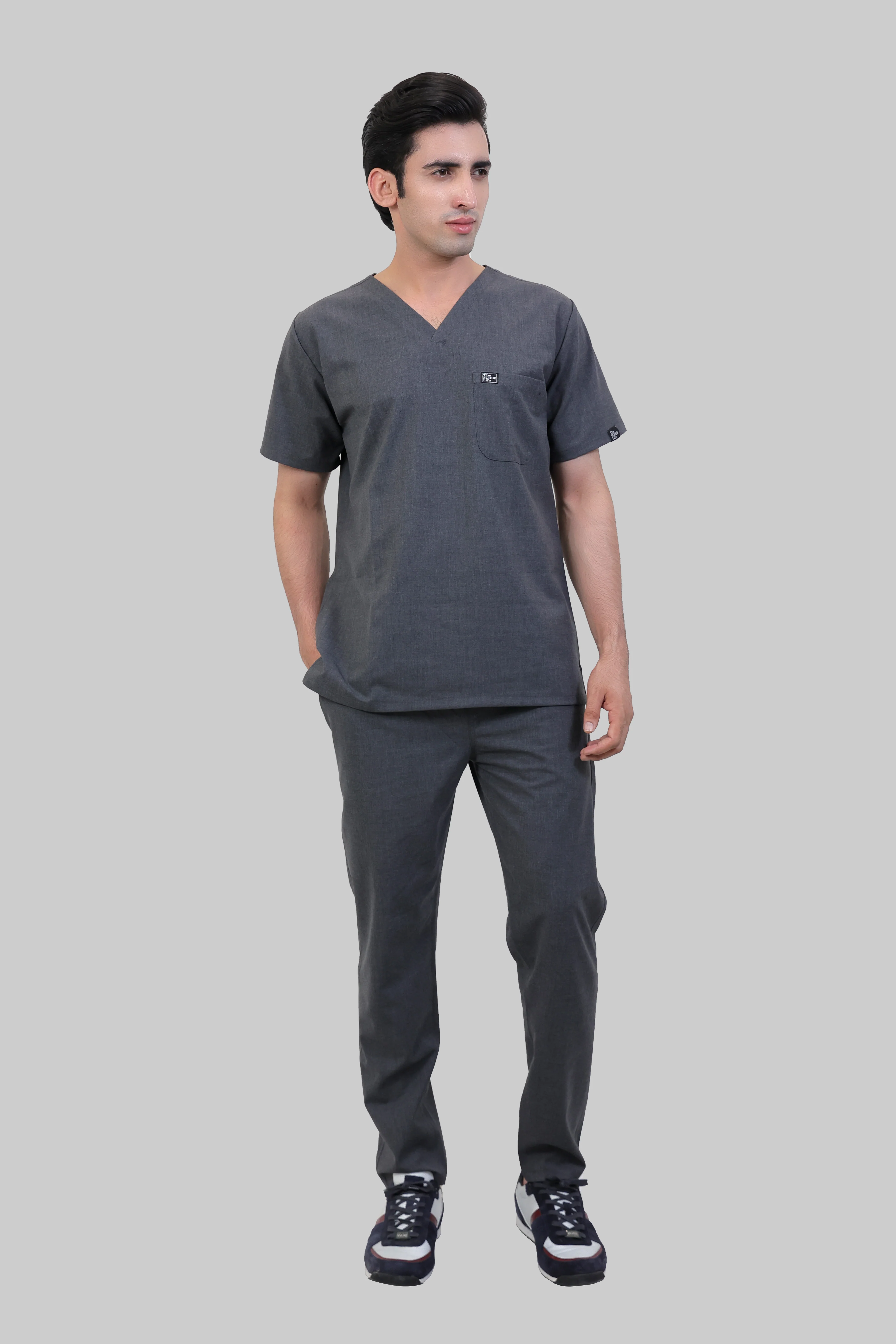 Stretchable (4Way) Men Charcoal Grey V-Neck With Straight Pant Scrub Set - Image 2