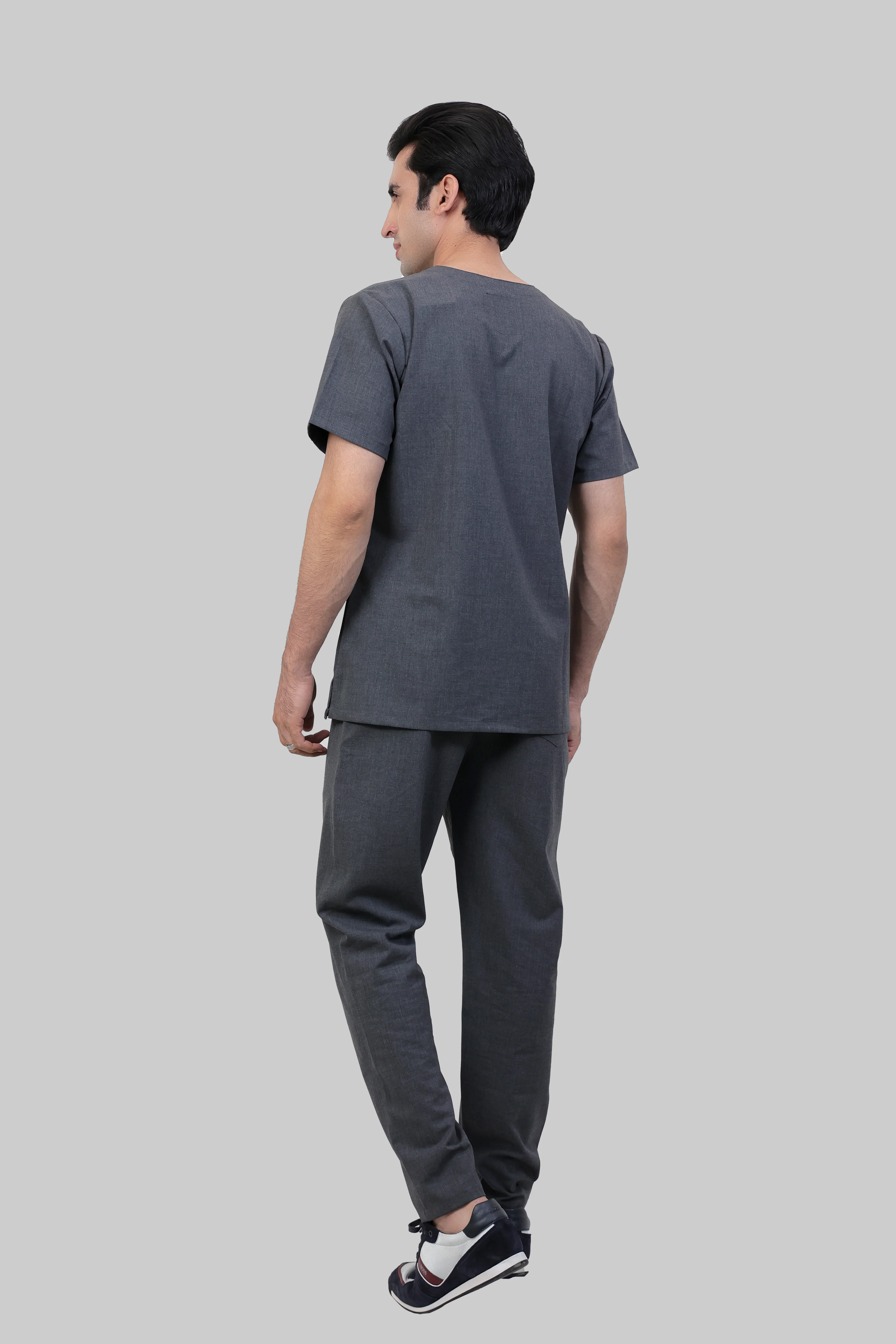 Stretchable (4Way) Men Charcoal Grey V-Neck With Straight Pant Scrub Set - Image 4