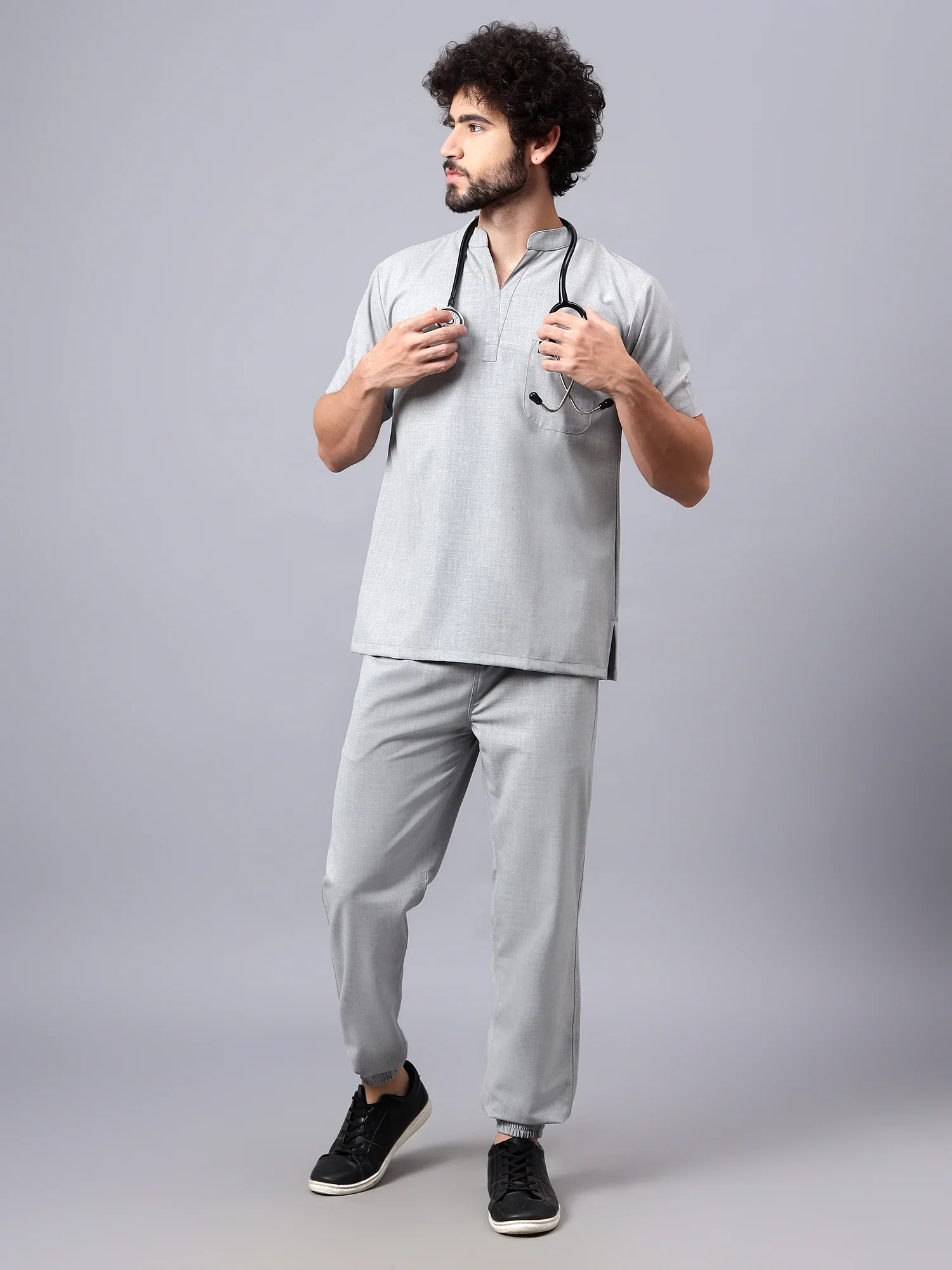 Stretchable (4Way) Men Light Grey Mandarin Neck with Jogger Scrub Set - Image 4