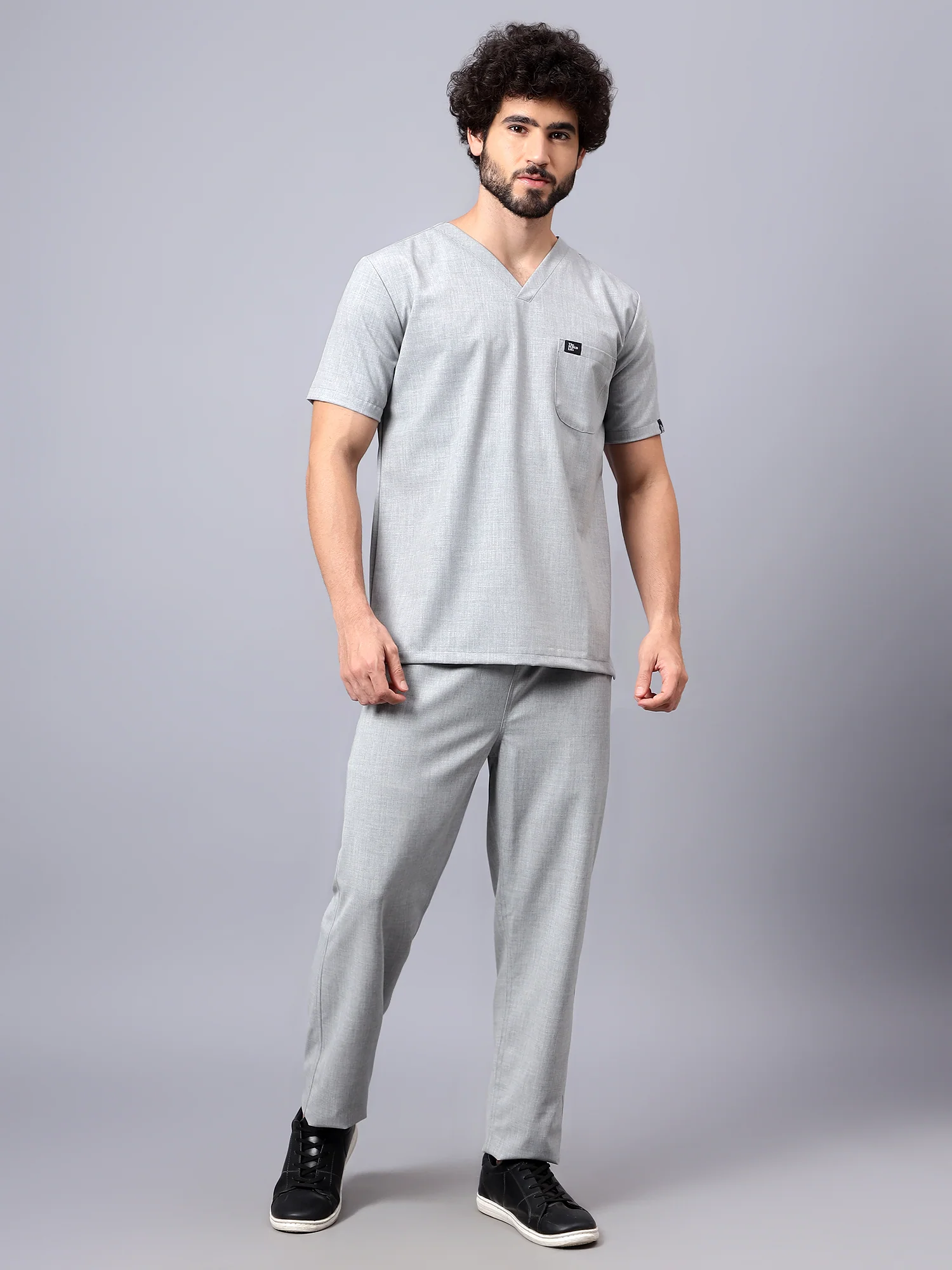 Stretchable (4Way) Men Light Grey V-Neck With Straight Pant Scrub Set - Image 5
