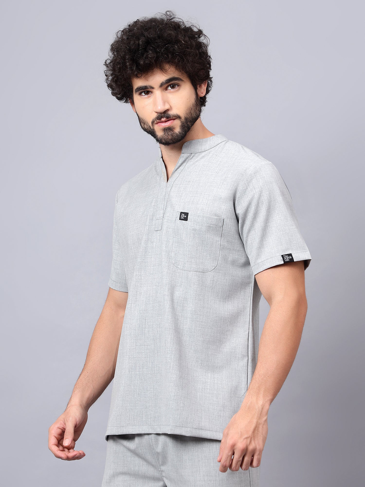 Stretchable (4Way) Men Mandarin Neck Light Grey Scrub Top
