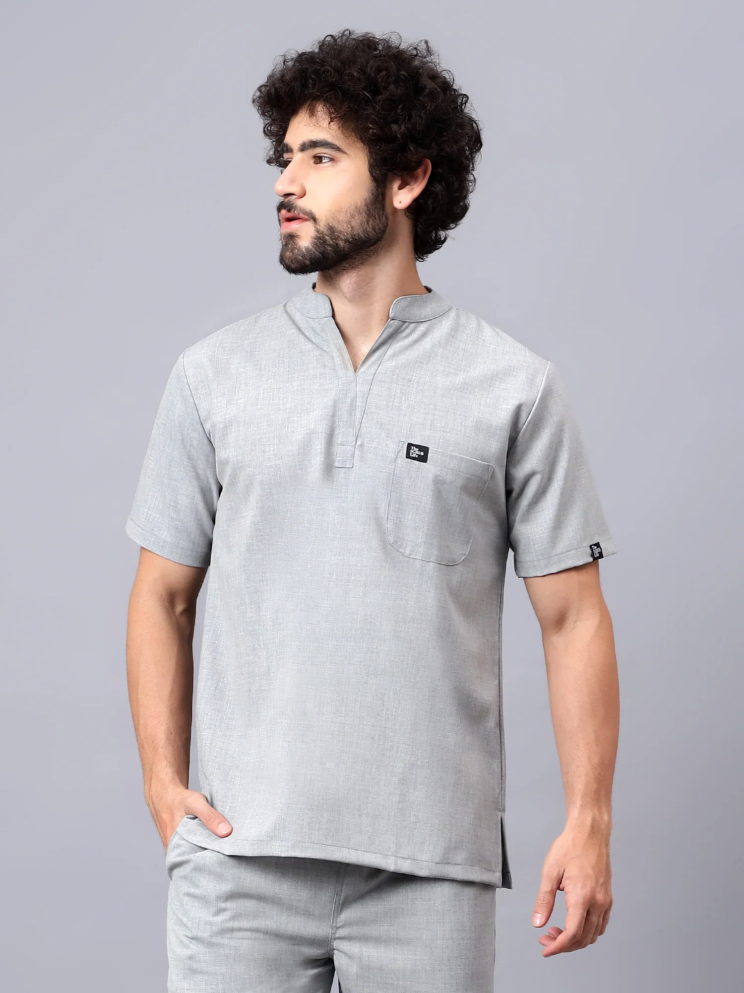 Stretchable (4Way) Men Mandarin Neck Light Grey Scrub Top - Image 2