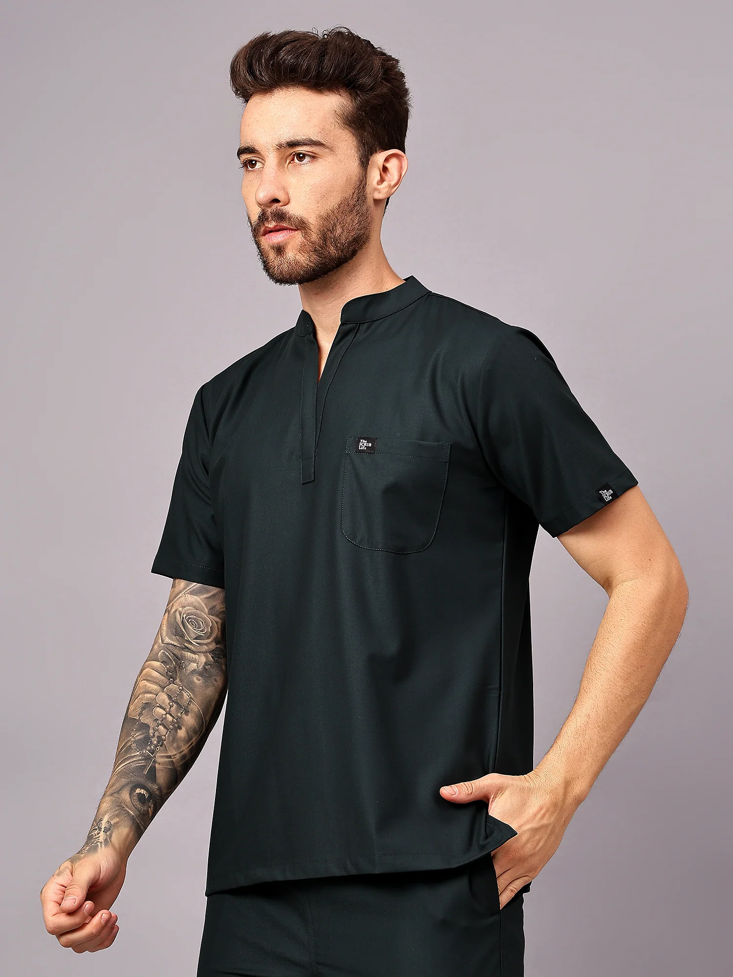 Stretchable (4Way) Men Mandarin Neck Mid Night Green Scrub Top