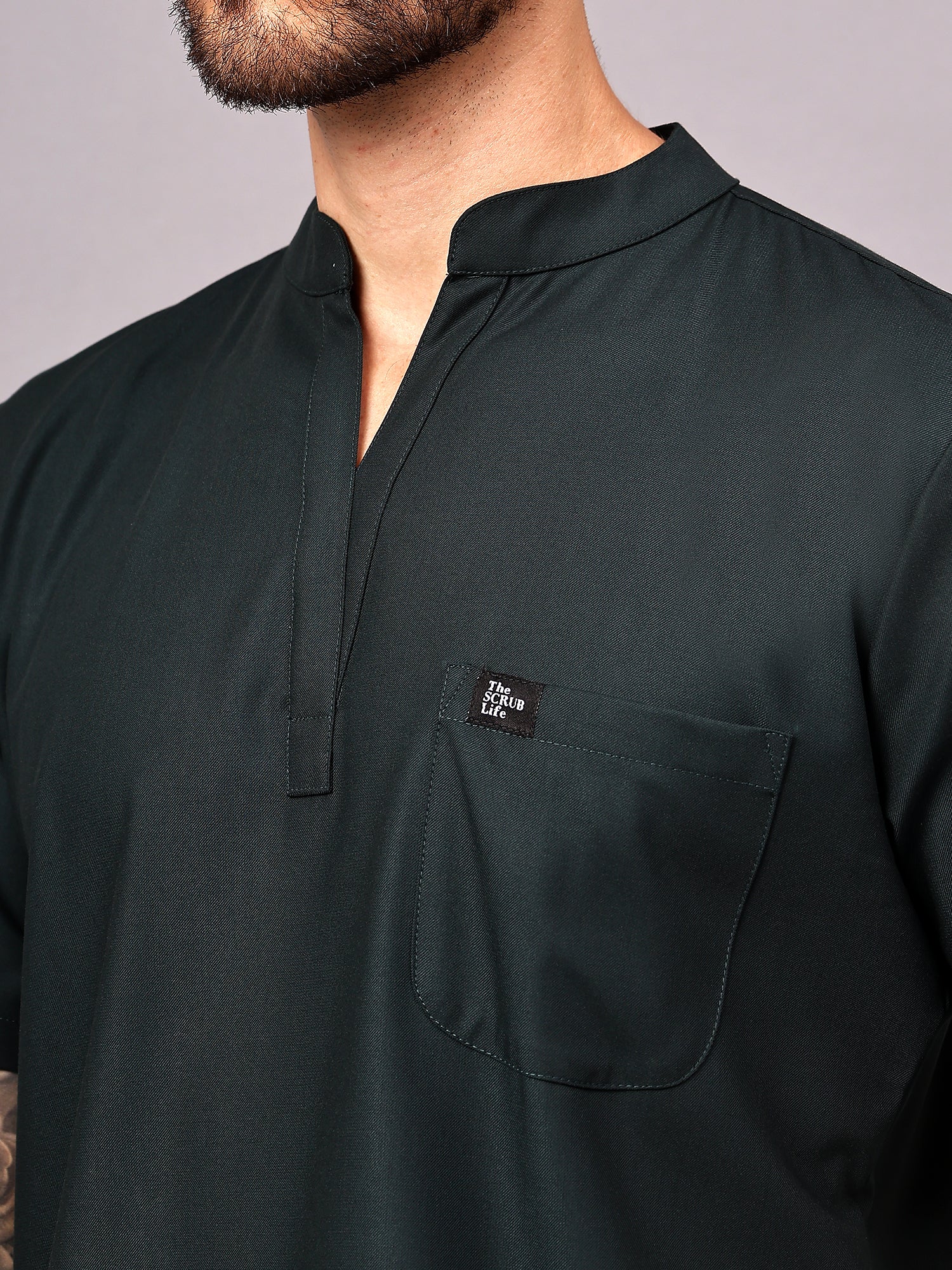 Stretchable (4Way) Men Mandarin Neck Mid Night Green Scrub Top - Image 2