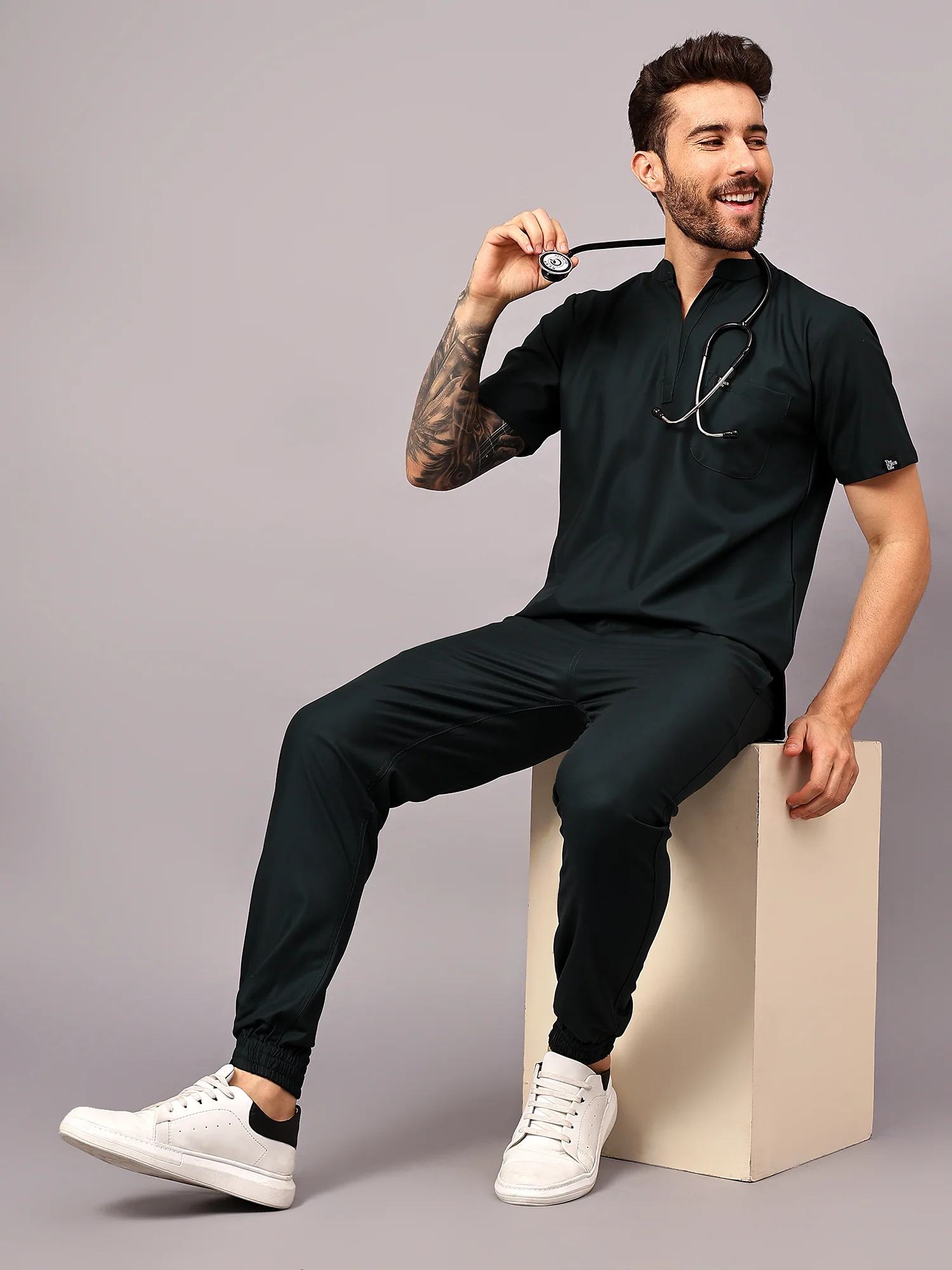Stretchable (4Way) Men Mid Night Green Mandarin Neck with Jogger Scrub Set - Image 3