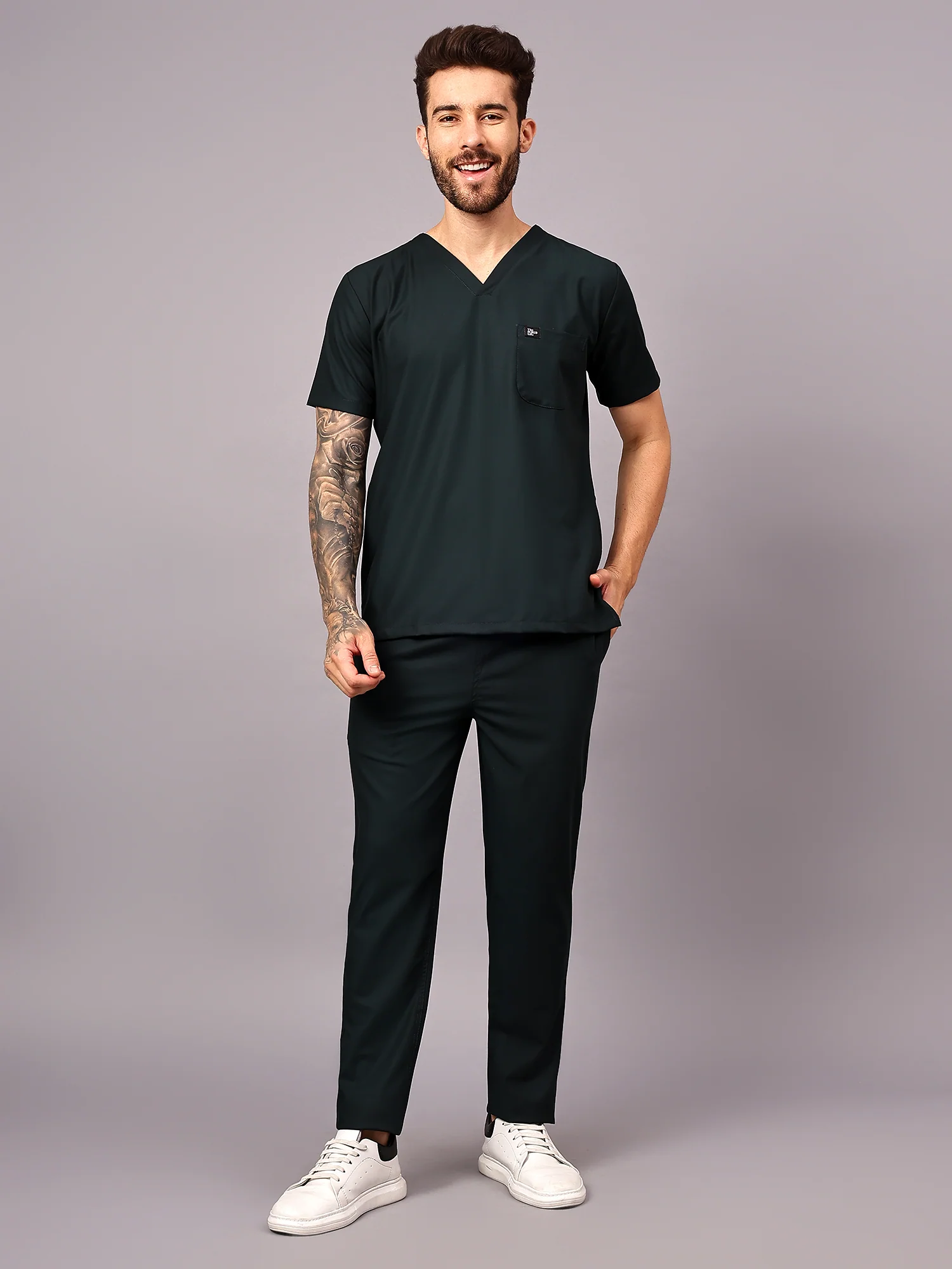 Stretchable (4Way) Men Mid Night Green V-Neck With Straight Pant Scrub Set