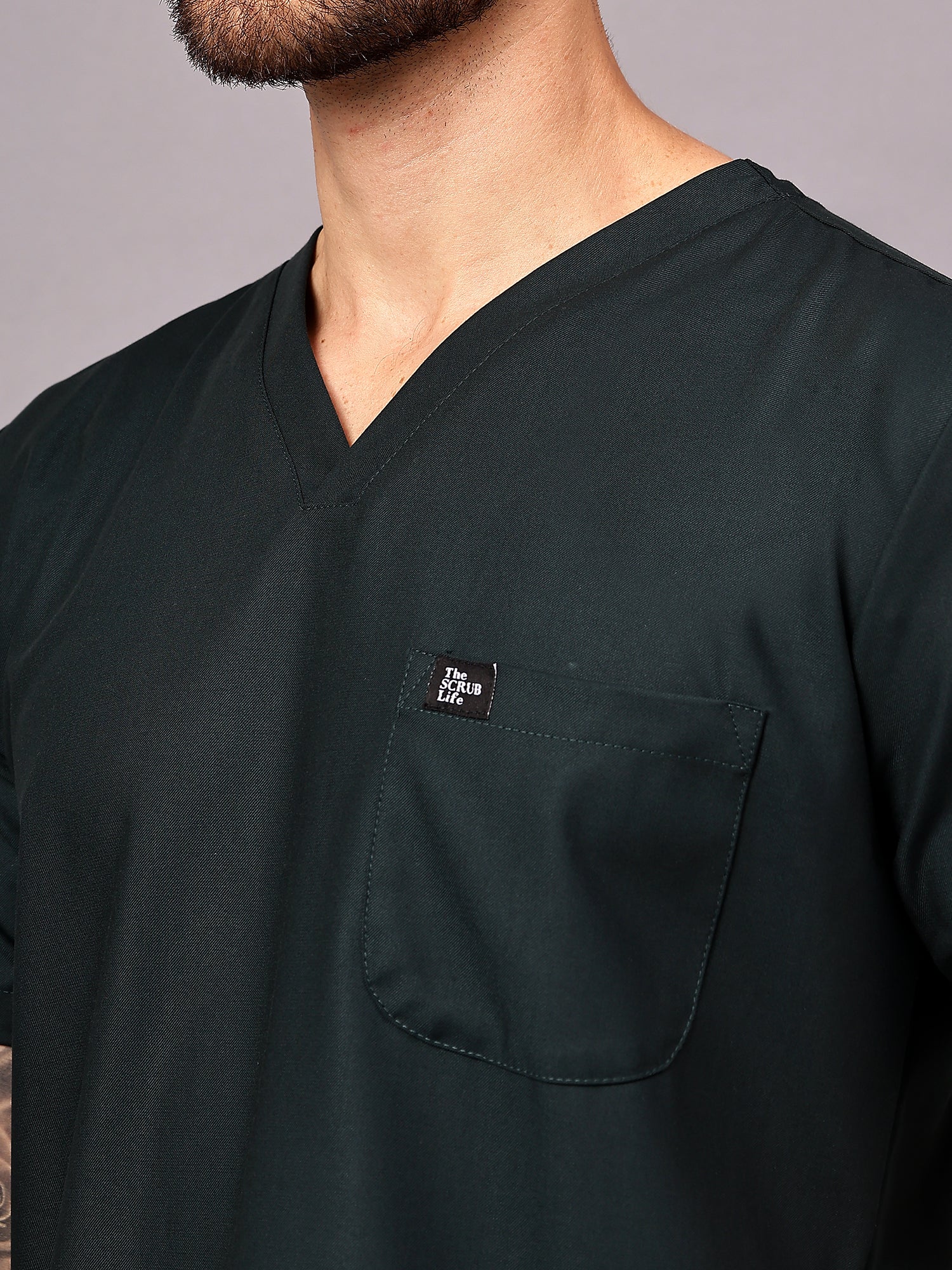 Stretchable (4Way) Men Mid Night Green V-Neck With Straight Pant Scrub Set - Image 2