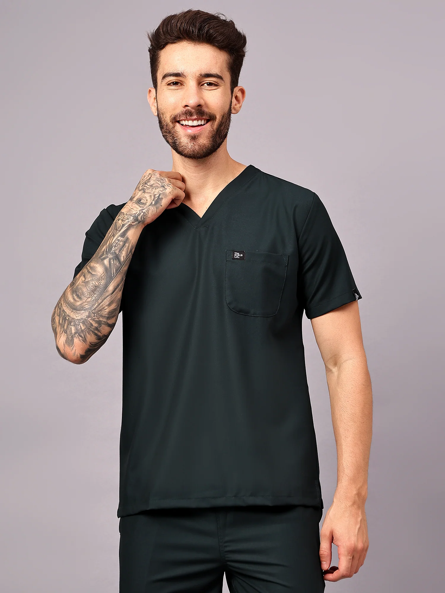 Stretchable (4Way) Men Mid Night Green V-Neck With Straight Pant Scrub Set - Image 3