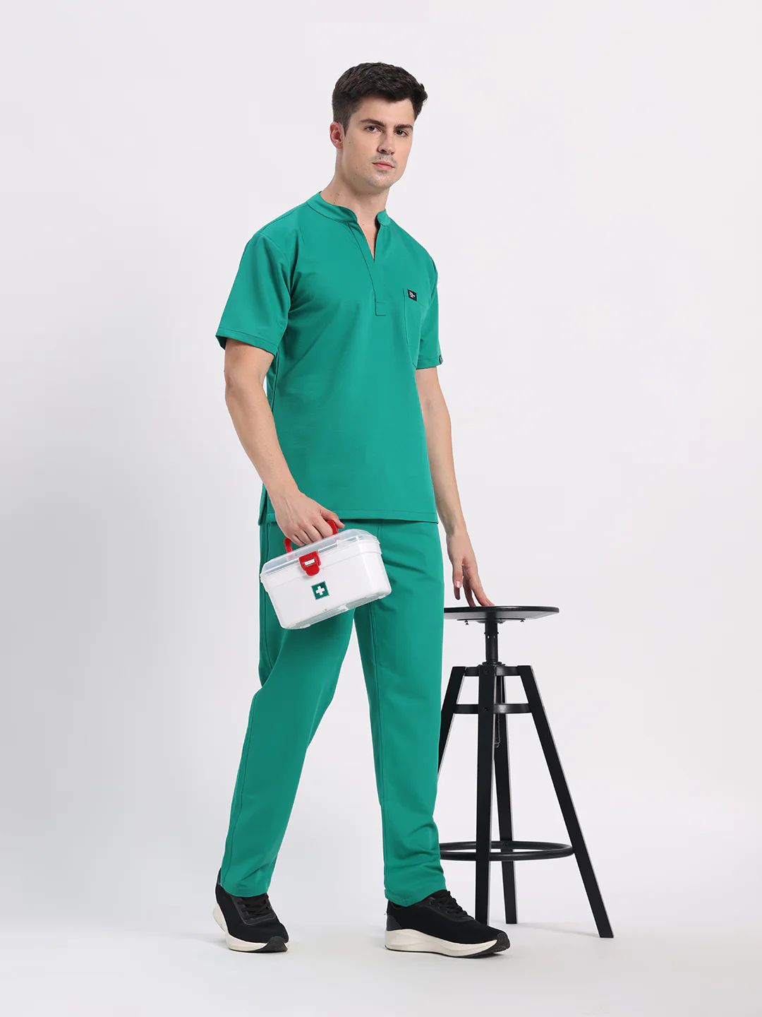 Stretchable (4Way) Men Sea Green Mandarin Neck with Straight Pant Scrub Set