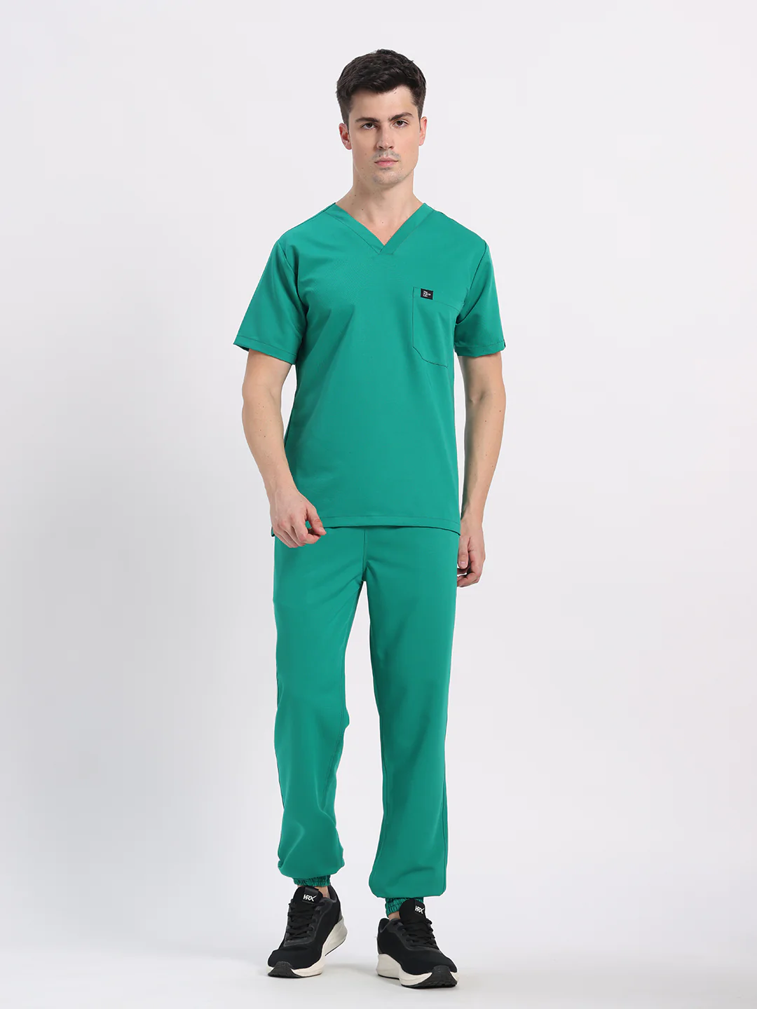 Stretchable (4Way) Men Sea Green V-Neck With Jogger Scrub Set
