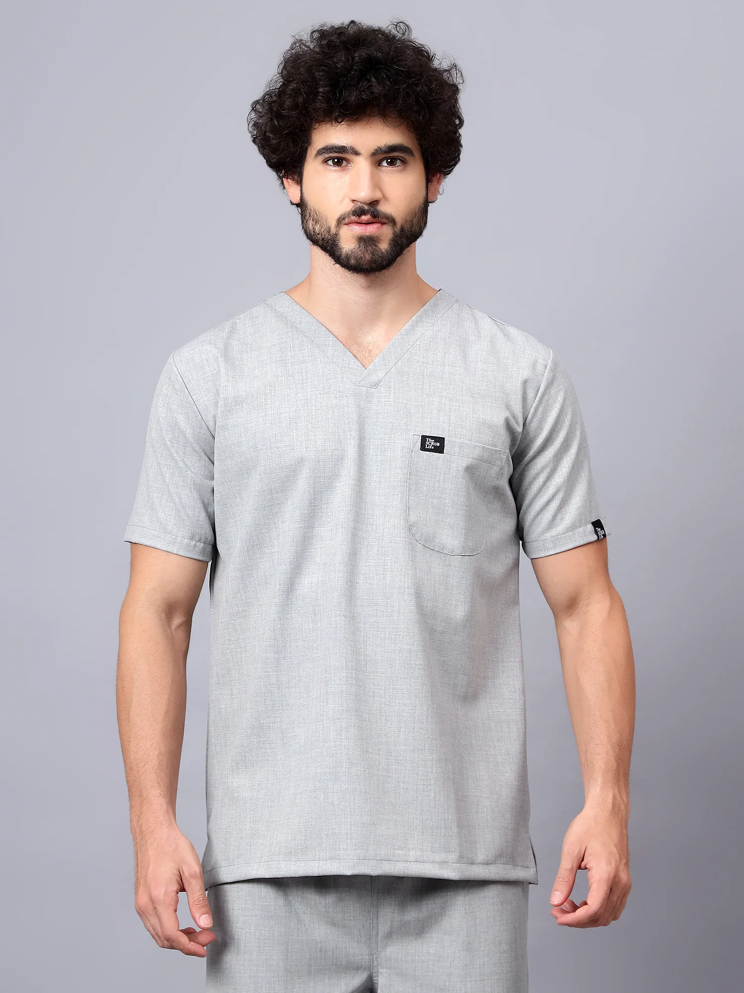 Stretchable (4Way) Men V-Neck Light Grey Scrub Top - Image 2