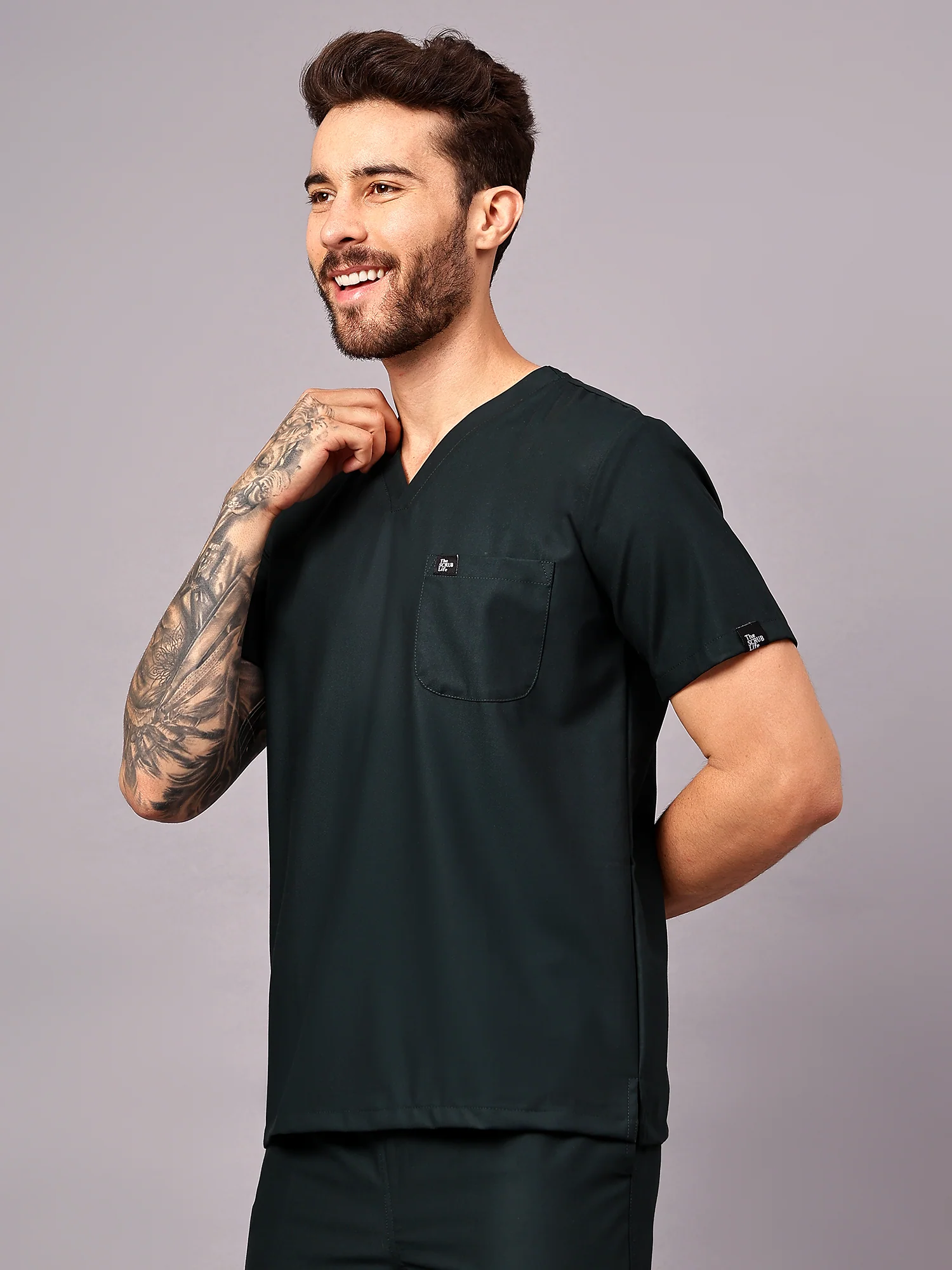 Stretchable (4Way) Men V-Neck Mid Night Green Scrub Top