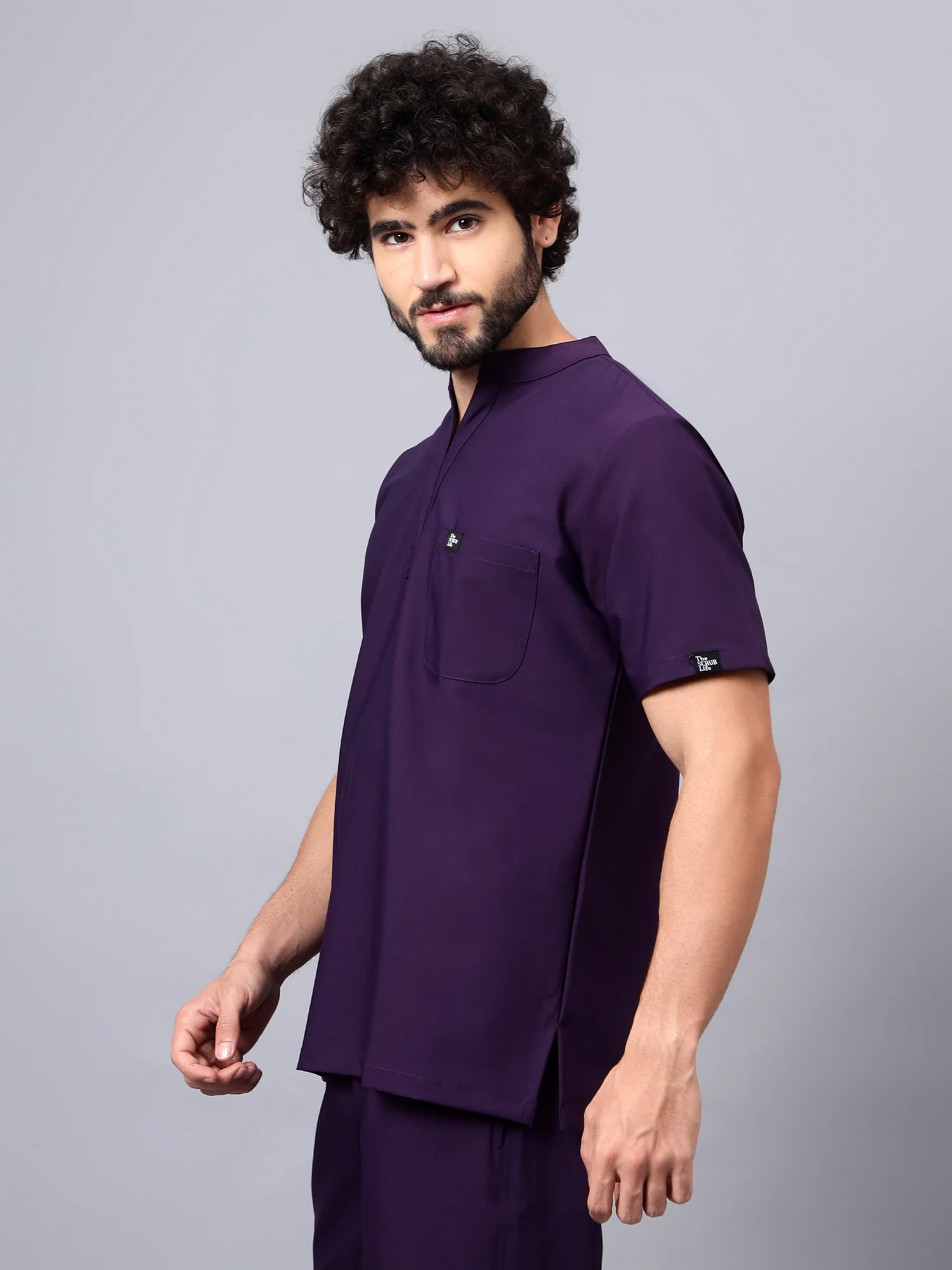 Stretchable (4Way) Men Violet Mandarin Neck with Straight Pant Scrub Set - Image 4