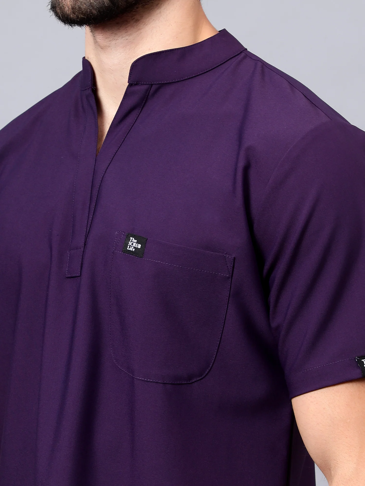 Stretchable (4Way) Men Violet Mandarin Neck with Straight Pant Scrub Set - Image 7