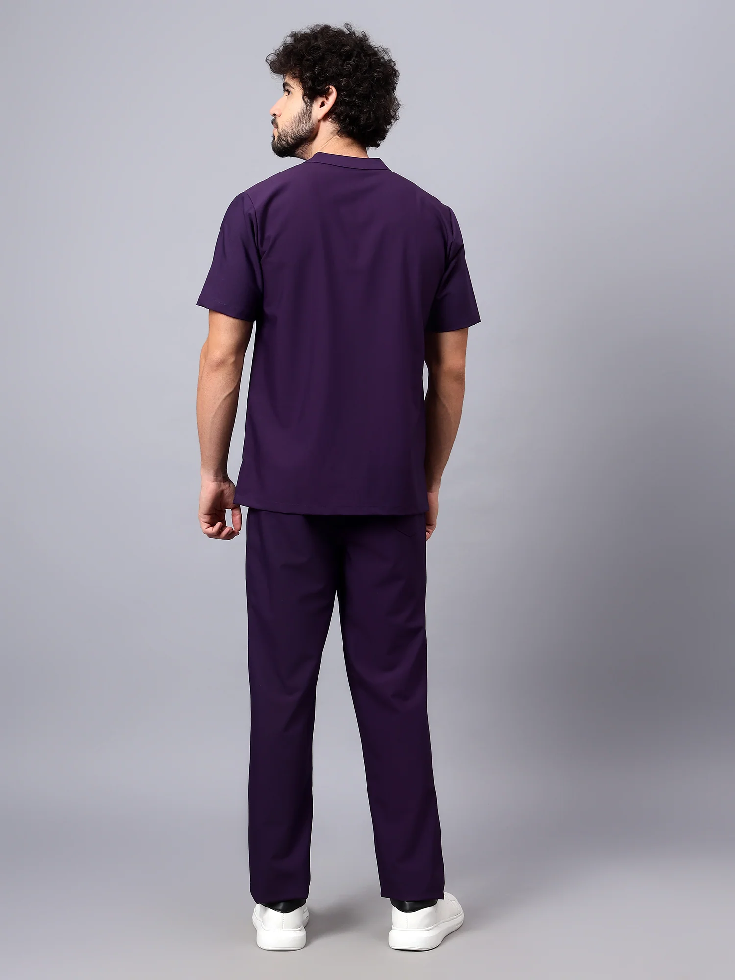 Stretchable (4Way) Men Violet Mandarin Neck with Straight Pant Scrub Set - Image 8